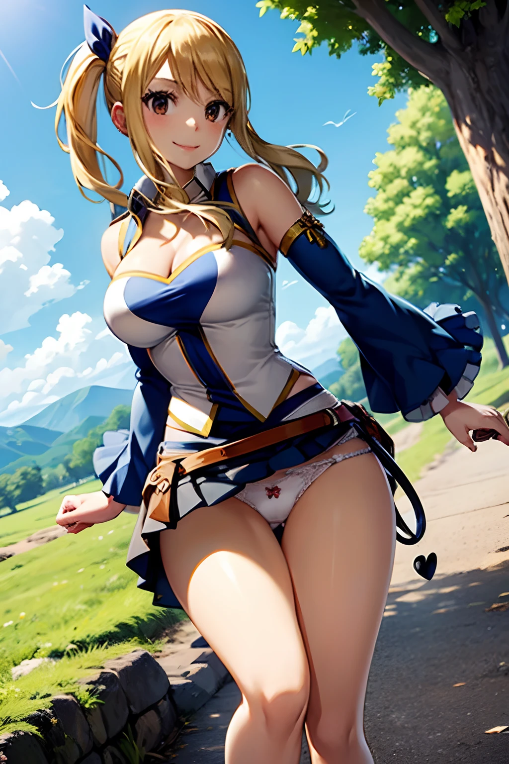 Master masterpiece, top-quality, High Definition, lucy heartfilia、a blond、(Twin-tailed:1.3)、Colossal tits、(Black Knee High:1.3)、Removable sleeves、hason、cropped vest、Strapless、a belt、a black skirt, Smiling face, Solo、plein air、is standing、cowboy shot, (Perfect hands, Perfect Anatomy),(pantie shot:1.3), (white panties:1.3)、(Skirt that rolls up:1.3)、(Fully exposed panties:1.5)、