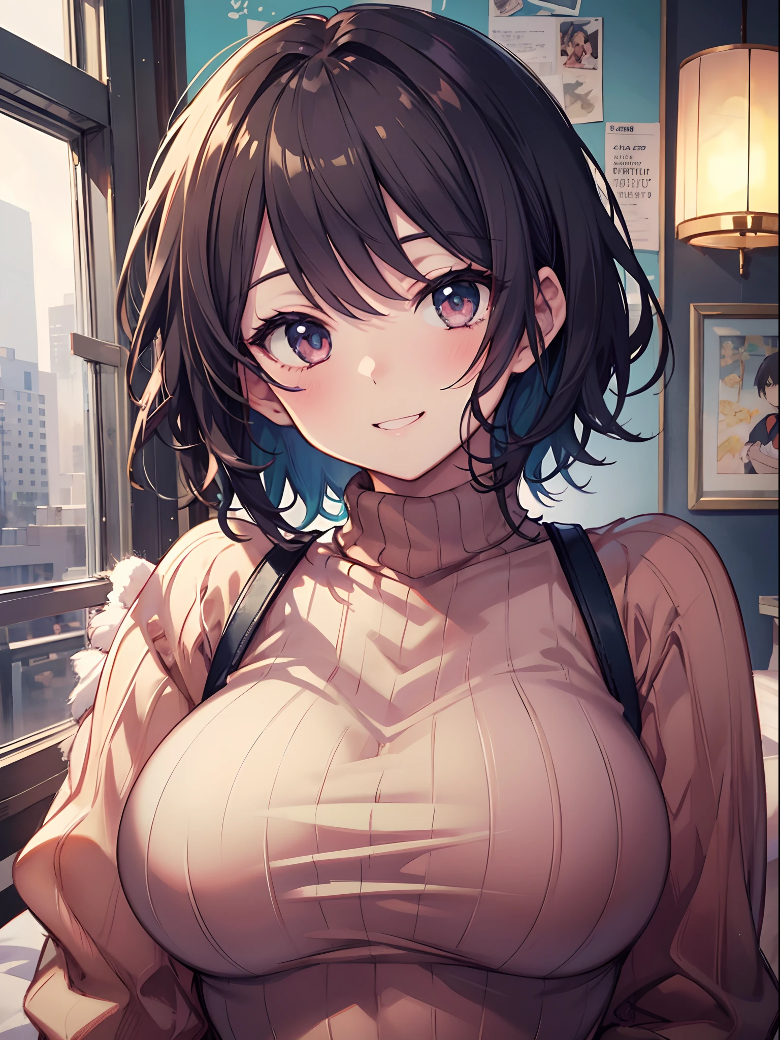 superfine illustration,(perfect anatomia), anime illustrated,​masterpiece, top-quality, hight resolution, 
1girl in, sarashina_ruka, large boob, Short hair, Dark hair, 
Red Sweater, 
Smile,