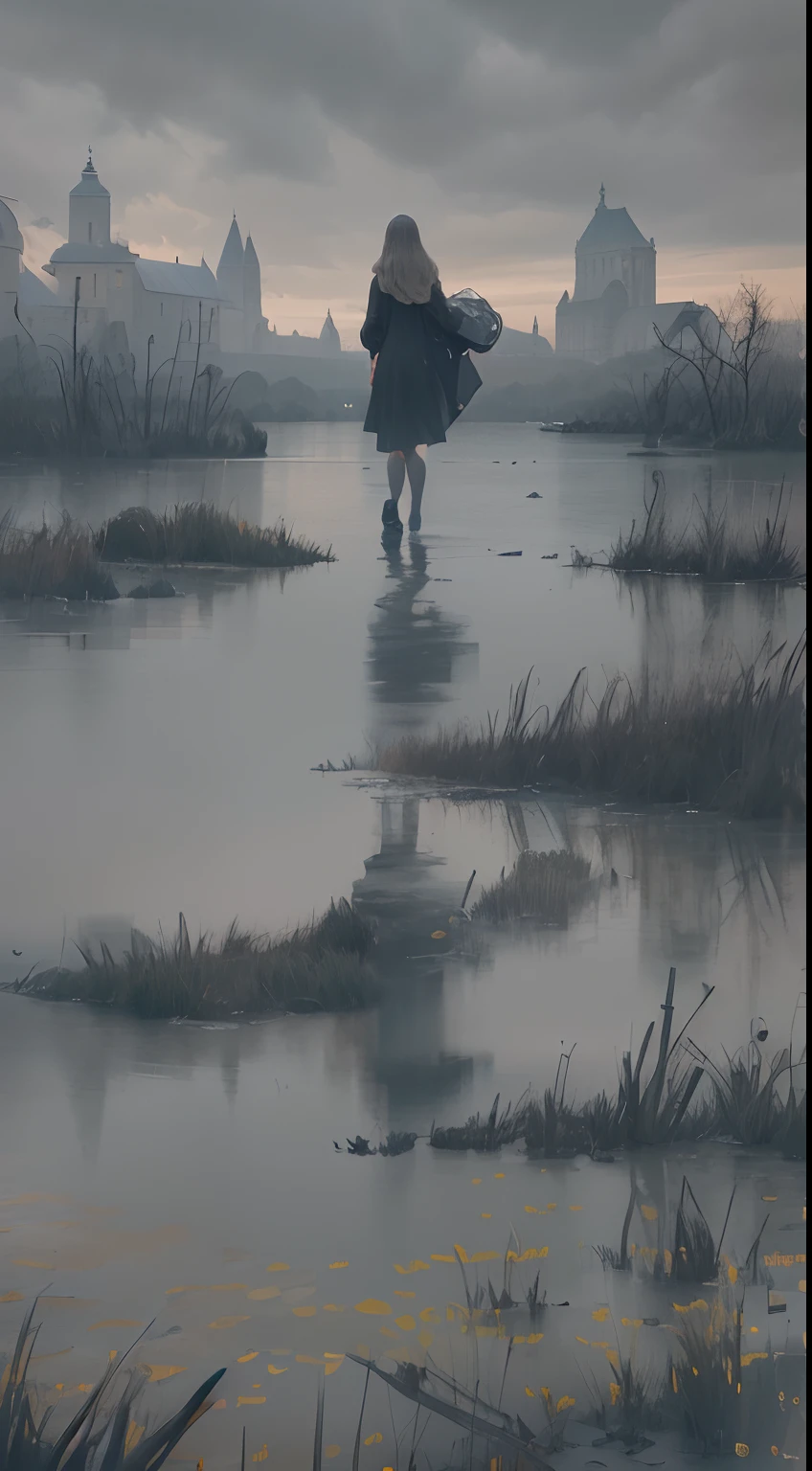 On a grey rainy day a beautiful young lady (((walking into a lake away from camera))), extreme long shot, full body shot, perfect anatomy beautiful legs, very large lake, walking in shallow shoreline, 24k resolution, impressionism art style, photorealistic, hyperdetailed, stormy clouds, up to her knees in water, no dock, walking away from camera.