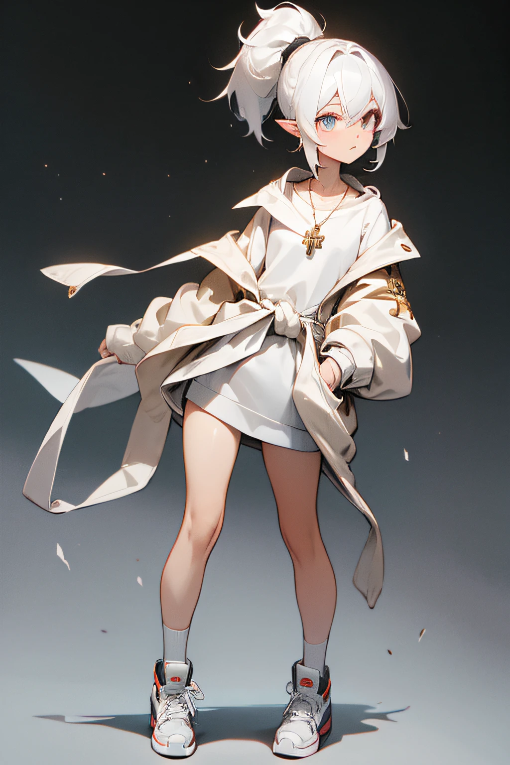 Black and white hair,Golden pupils,High ponytail,pointy ears,Dark eyeshadow,Beige coat,Black chest wrap,Necklace with a cross,There are bandages and scars on it,The lower body is a tracksuit wrapped around the waist,short skirt,White stockings,One long and one short,leg loops,Pink sneakers,standing on your feet,Fold your hands in front of your chest,Royal sister,Slim figure