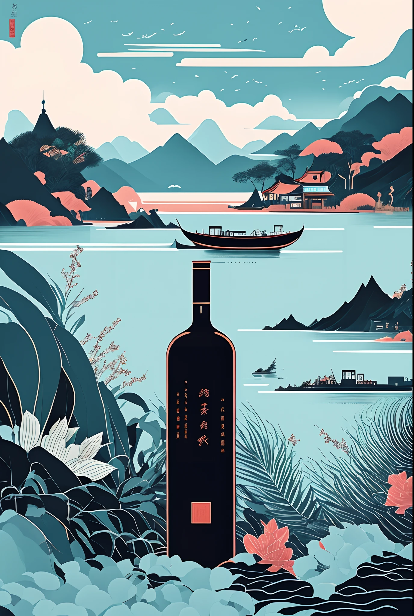 Quiet flat illustration by Victo Ngai,Chinese wine is the theme,Adopt Wu Guanzhong style。Soft blues and grays create an otherworldly atmosphere,It evokes a timeless sense of beauty and introspection。HD --ar 3:4 --s 400 --niji 5 illustration,Poster design,A bottle of wine,It creates an otherworldly atmosphere,A plant,canals,flatillustration,China-style,Ni Chuanjing style