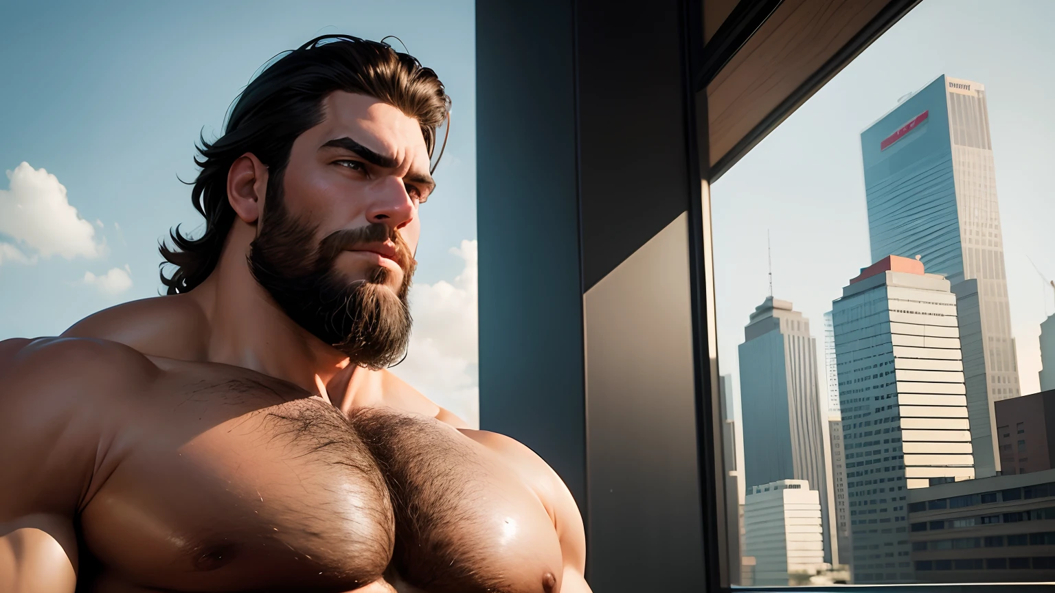 Homem musculoso gigantesco,gigante, colossal, taller than buildings, cabelo ruivo, com barba, malvado, maligno, rindo alto