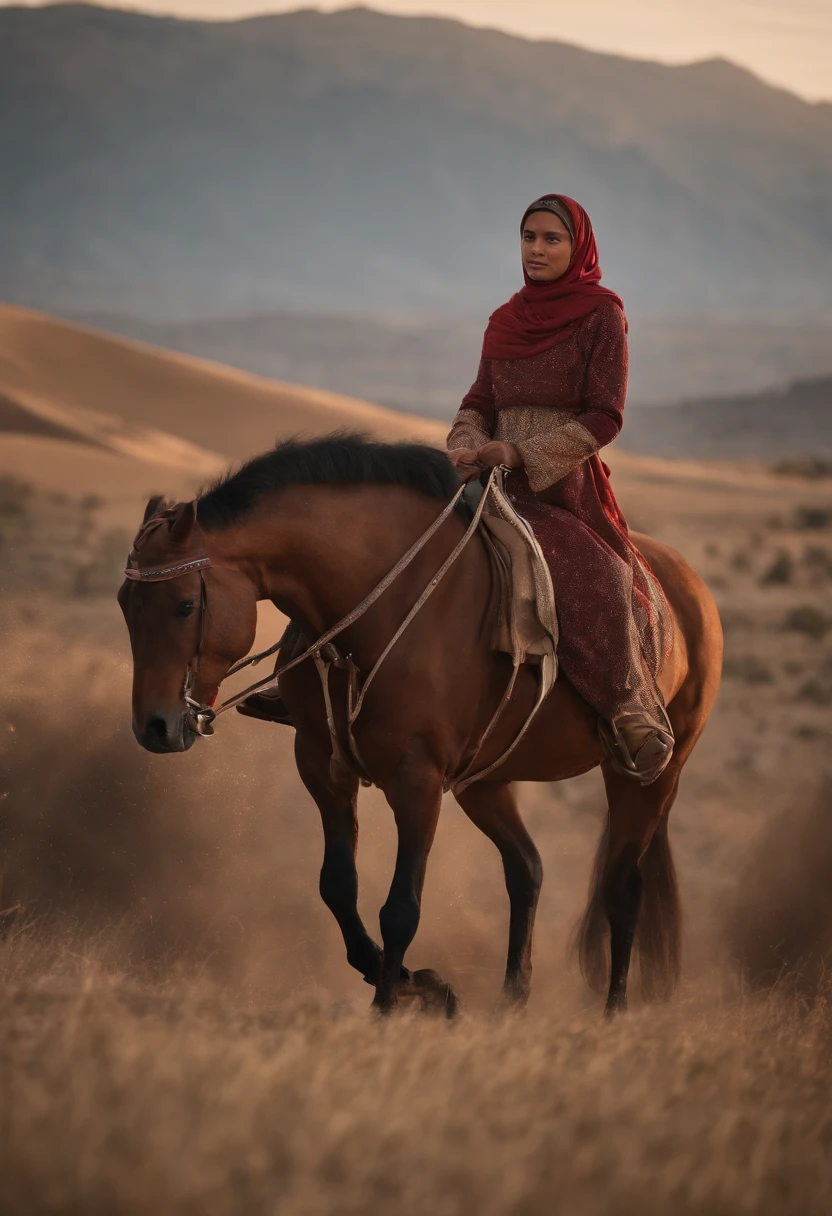 On the steppe there are yurts and a young malay girl in hijab rides a horse