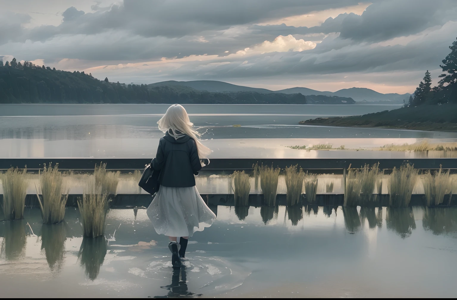 On a grey rainy day a beautiful young lady (((walking into a lake away from camera))), extreme long shot, full body shot, very large lake, walking in shallow shoreline, 24k resolution, impressionism art style, photorealistic, hyperdetailed, stormy clouds, up to her knees in water, no dock, walking away from camera.