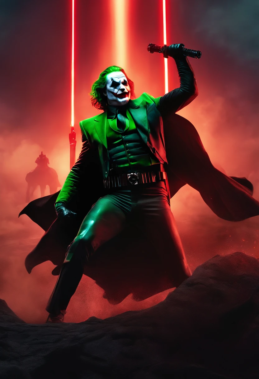 the joker as a spartan warrior and darth vader together, jumping in the air, a neon green light sabers in hands, the sky is a pale hunter green, dying spartans on the ground , bloody armor, epic, 8k