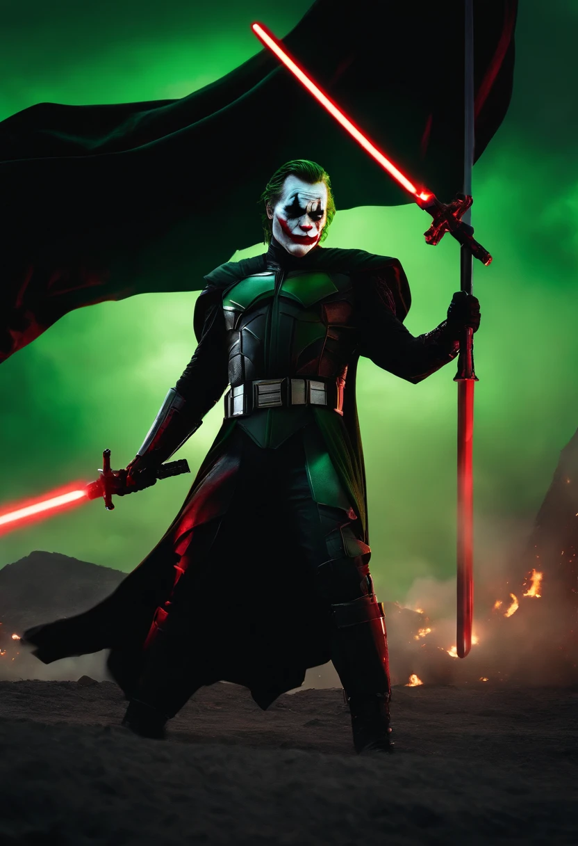 the joker as a spartan warrior and darth vader together, jumping in the air, a neon green light sabers in hands, the sky is a pale hunter green, dying spartans on the ground , bloody armor, epic, 8k