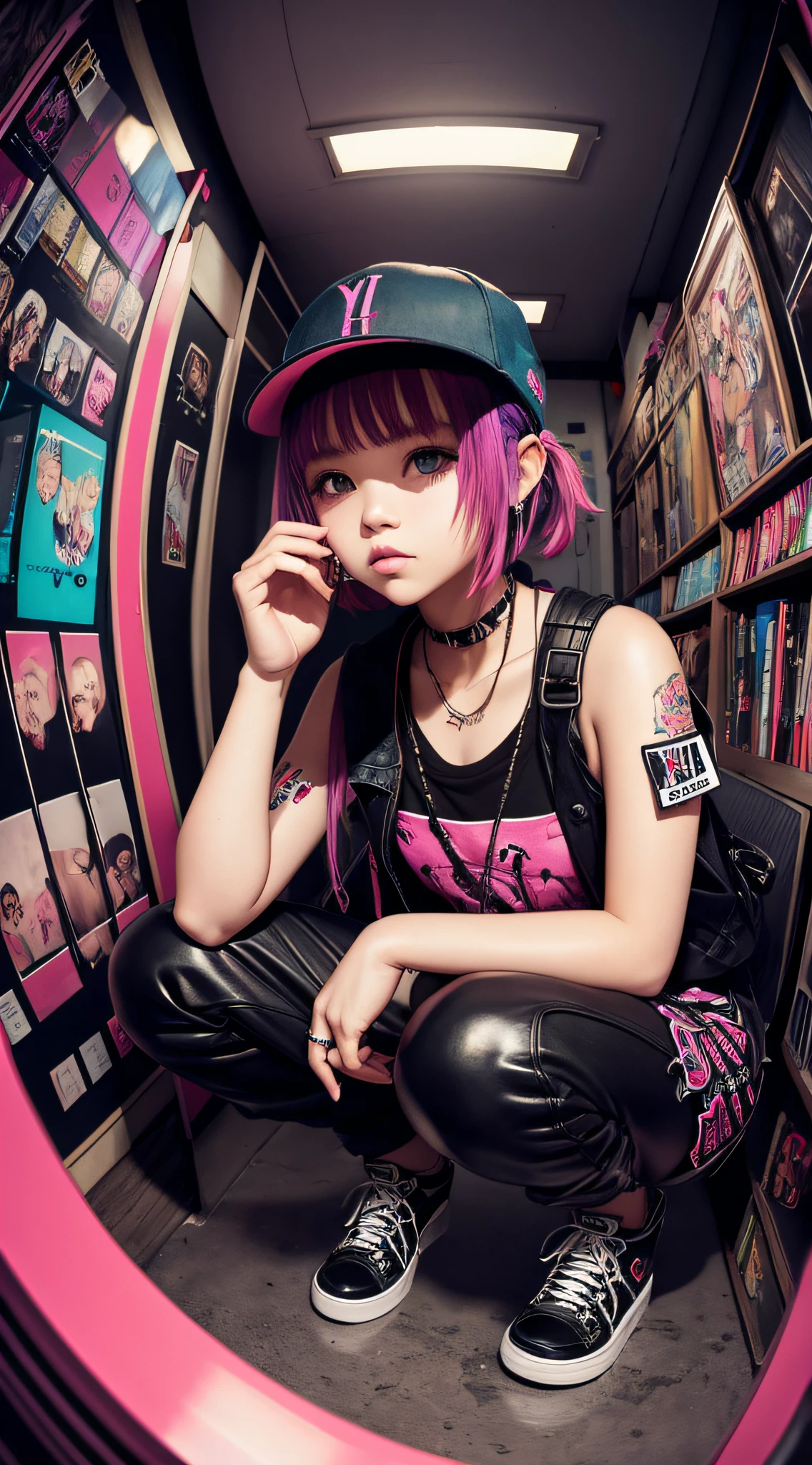 y2k, alternative fashion, 1girl, yab, illustration, poster, idol, squat, fisheye lens