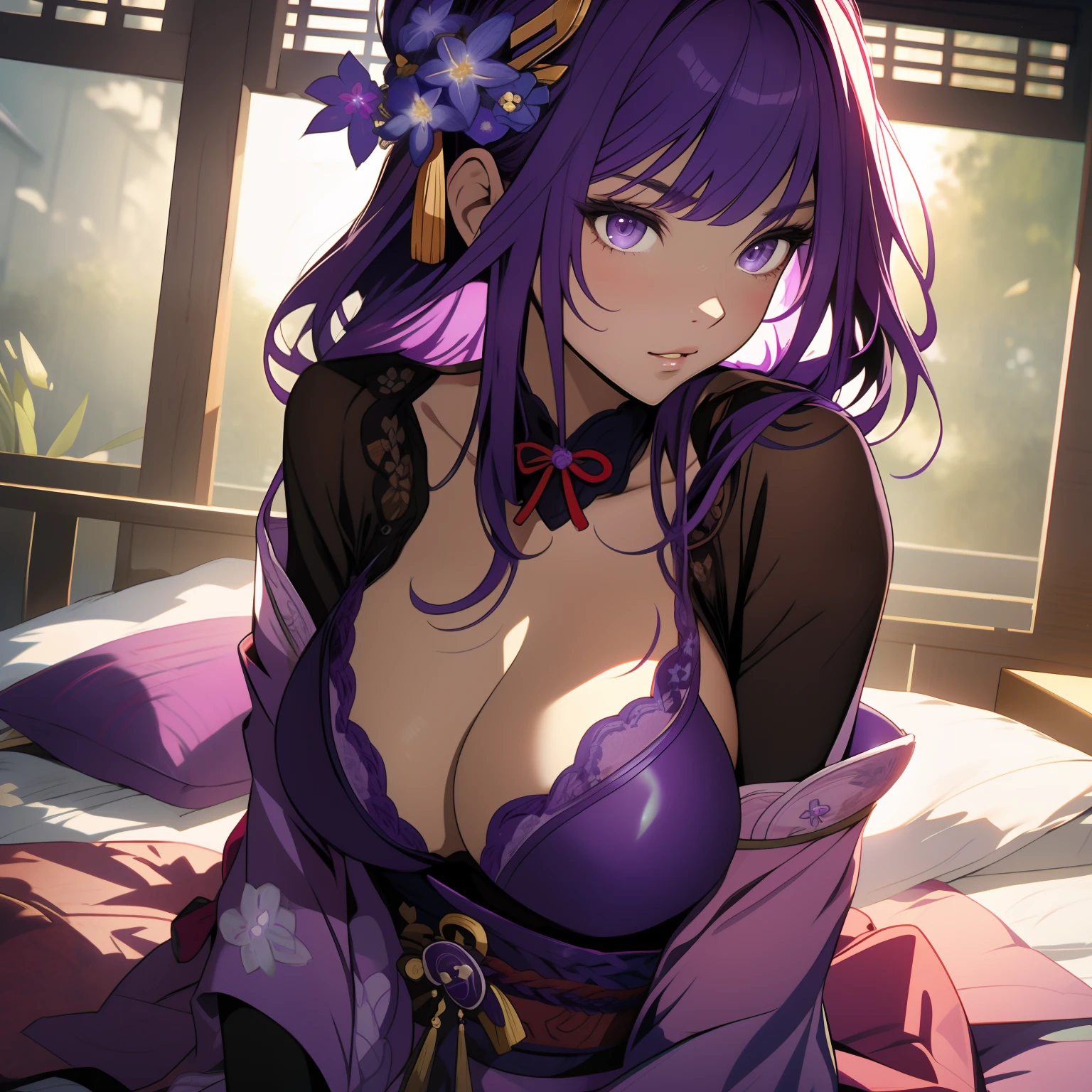 Masterpiece, best quality, super detailed, illustration, beautiful detailed eyes, ((far view, wide angle 1.31)), on the outside, a woman,
raidenshogundef
raidenshogunrnd, purple bikini, hair ornament, long purple hair, purple eyes, sexy, facing face, big breasts, cleavage, big breasts, blushing, masturbation, lying, lie on bed, flowers, Grab your own breasts, Spread your legs, bare legs, Raise your legs, underboob, visible bellybutton,