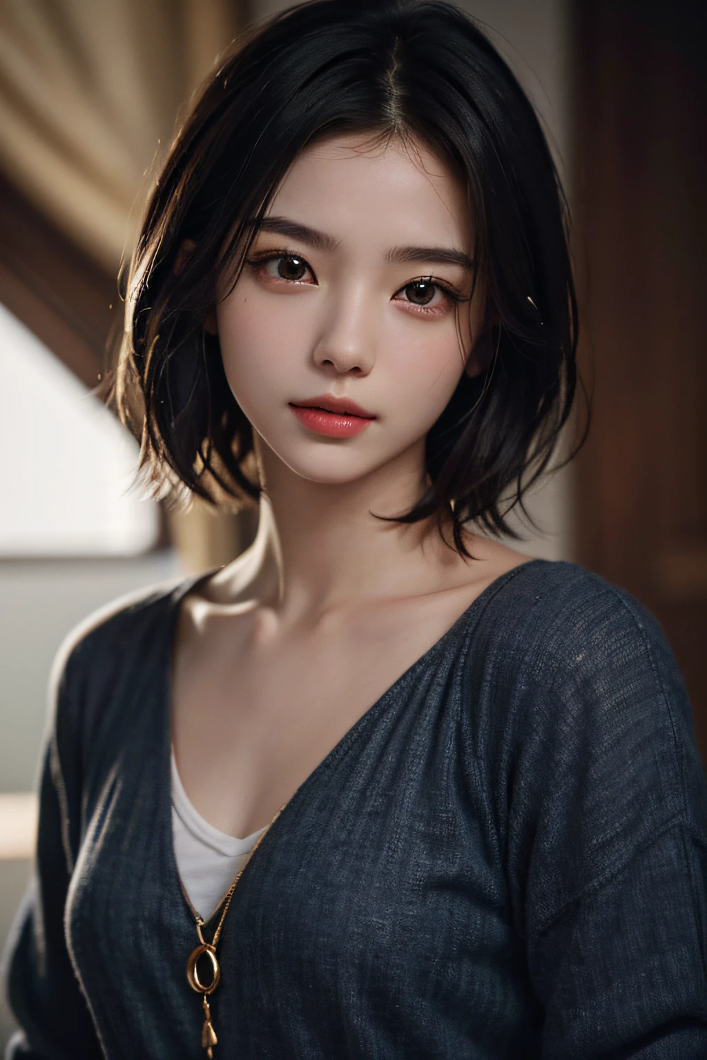(masuter piece:1.3)、(8K、Photorealsitic、Raw photography、top-quality: 1.4)、(1girl in)、beautiful countenance、(Lifelike face)、(A dark-haired、short-hair:1.3)、Beautiful hairstyle、realisticeyes、Beautiful details、(real looking skin)、Beautiful skins、absurderes、enticing、超A high resolution、A hyper-realistic、high-detail、the golden ratio、