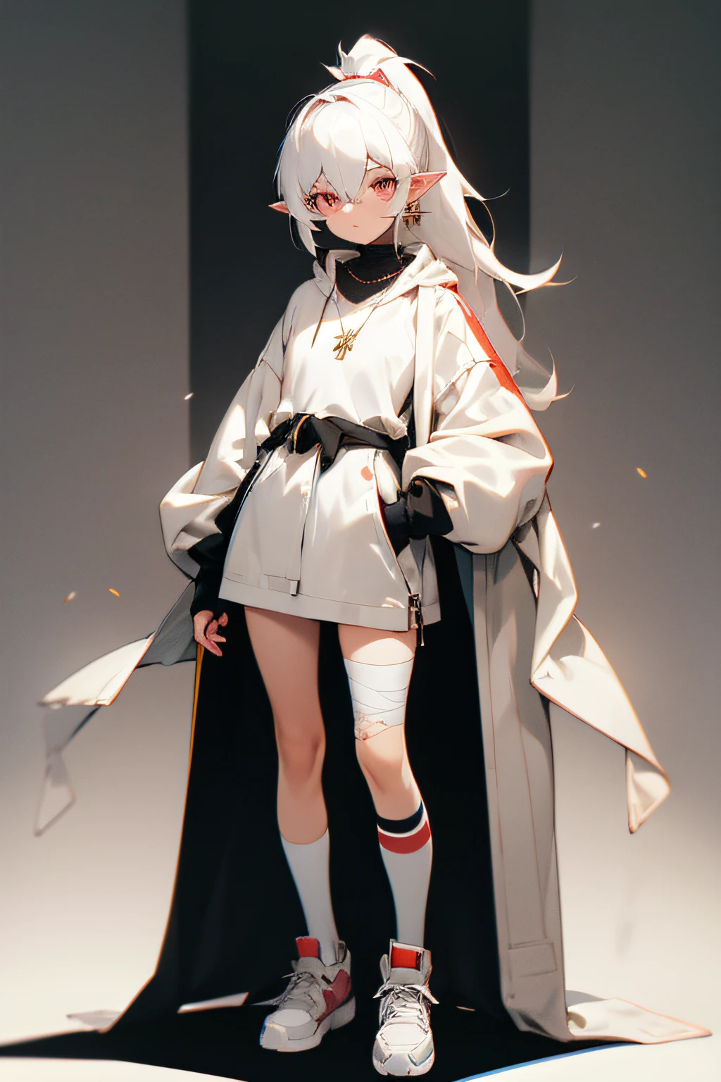 Black and white hair,Golden pupils,High ponytail,pointy ears,Dark eyeshadow,Beige coat,Black chest wrap,Necklace with cross,There are bandages and scars on it,The lower body is a sportswear wrapped around the waist,short skirt,White stockings,One long and one empty,leg loops,Pink sneakers,standing on your feet,Fold your hands in front of your chest,Royal Sister,Slim figure