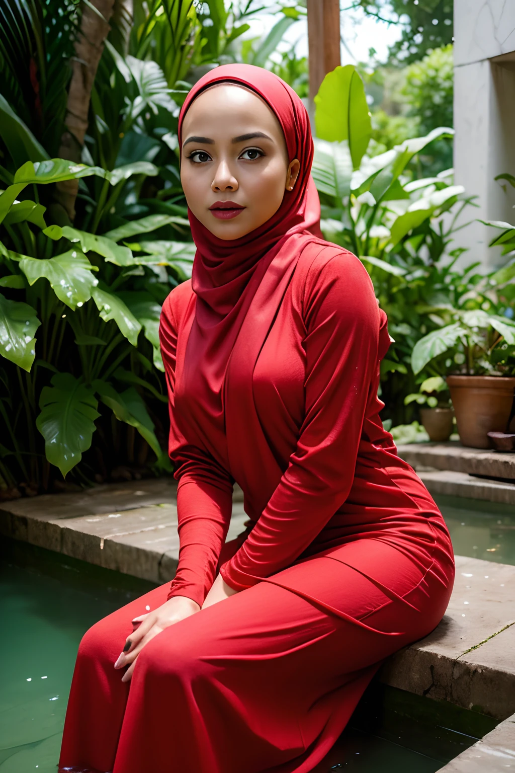 Malay woman in a red dress and hijab is sitting in the water, long sleeves, closeup fantasy with water magic, beautiful maiden, wearing a dress made of water, cleavage, realistic oil painting, dripping wet, in water up to her shoulders, blonde, beautiful realistic painting, nymph in the water, hyperrealist portrait in a river, hyperrealistic fantasy art, splashing, realistic fantasy painting, cute shot, narrow depth of field, 8k, nsfw, drenched, ((soaked)), dripping water, dripping water, heavy clothes, soaked in water, wet all over, rouge lipstick, wet dripping hijab,