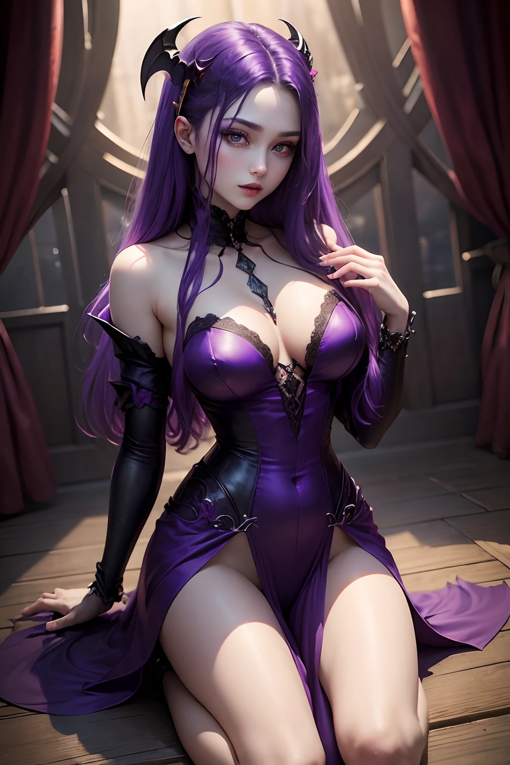 vampire、Vampires、Hell、demon realm、Demons、The Darkness、Beautuful Women、Beautiful、Beautiful eyes、Ultimate Balance、Perfect balance、masterpiece、- Perrealistic、Picturesque beauty、Very delicate and complex、good looks full body purple