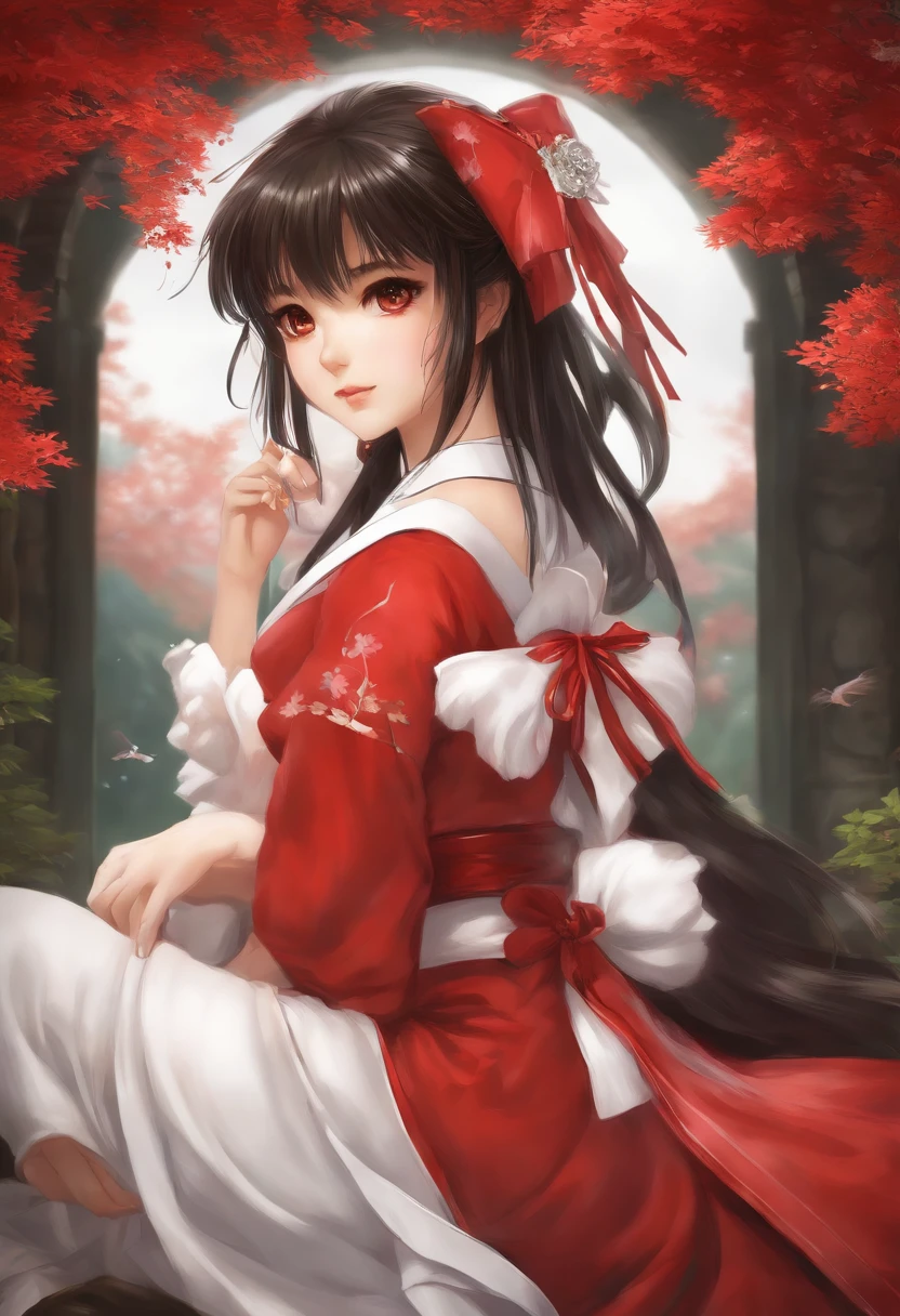 An extremely detailed CG artwork depicting Hakurei Reimu, Une jeune fille solitaire du sanctuaire, In the highest quality. Featuring a delicate white ribbon and socks, gros seins, et hanches larges, This masterpiece illustration showcases the beauty of solo female characters.
