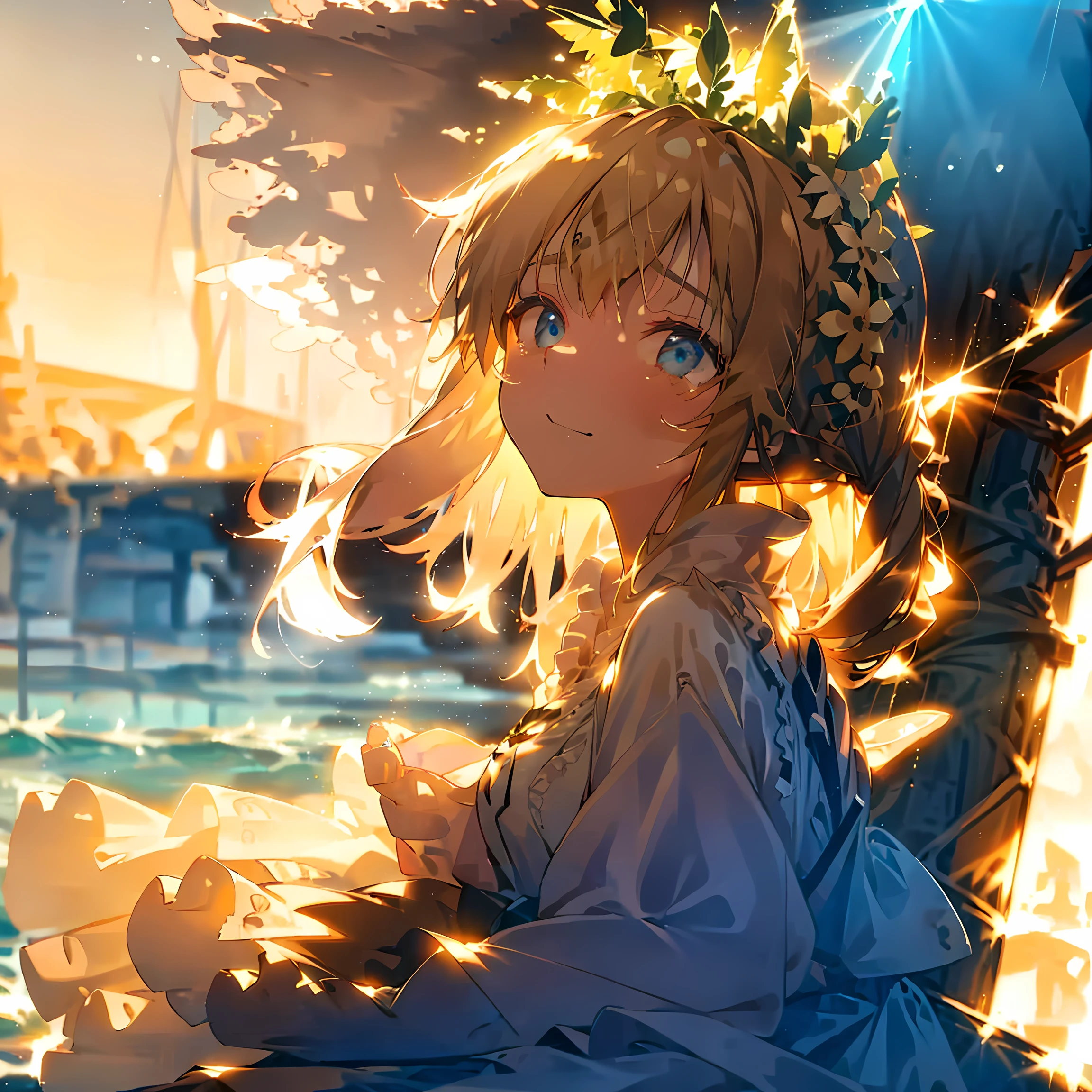 sorrowful girl, blonde hair, amazing lighting, wide eyes, beach background, flowy dress, detailed eyes, sorrowful smile, small tears,