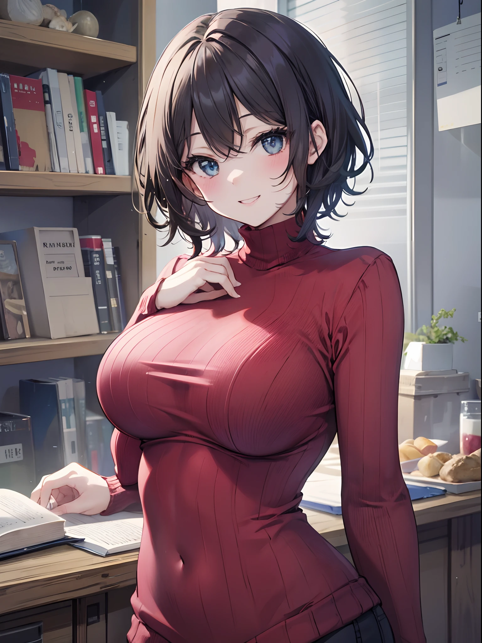 superfine illustration,(perfect anatomia), anime illustrated,masterpiece, top-quality, hight resolution,
1girl in, sarashina_ruka, large boob, Short hair, Dark hair,
Red Sweater,
Smile,