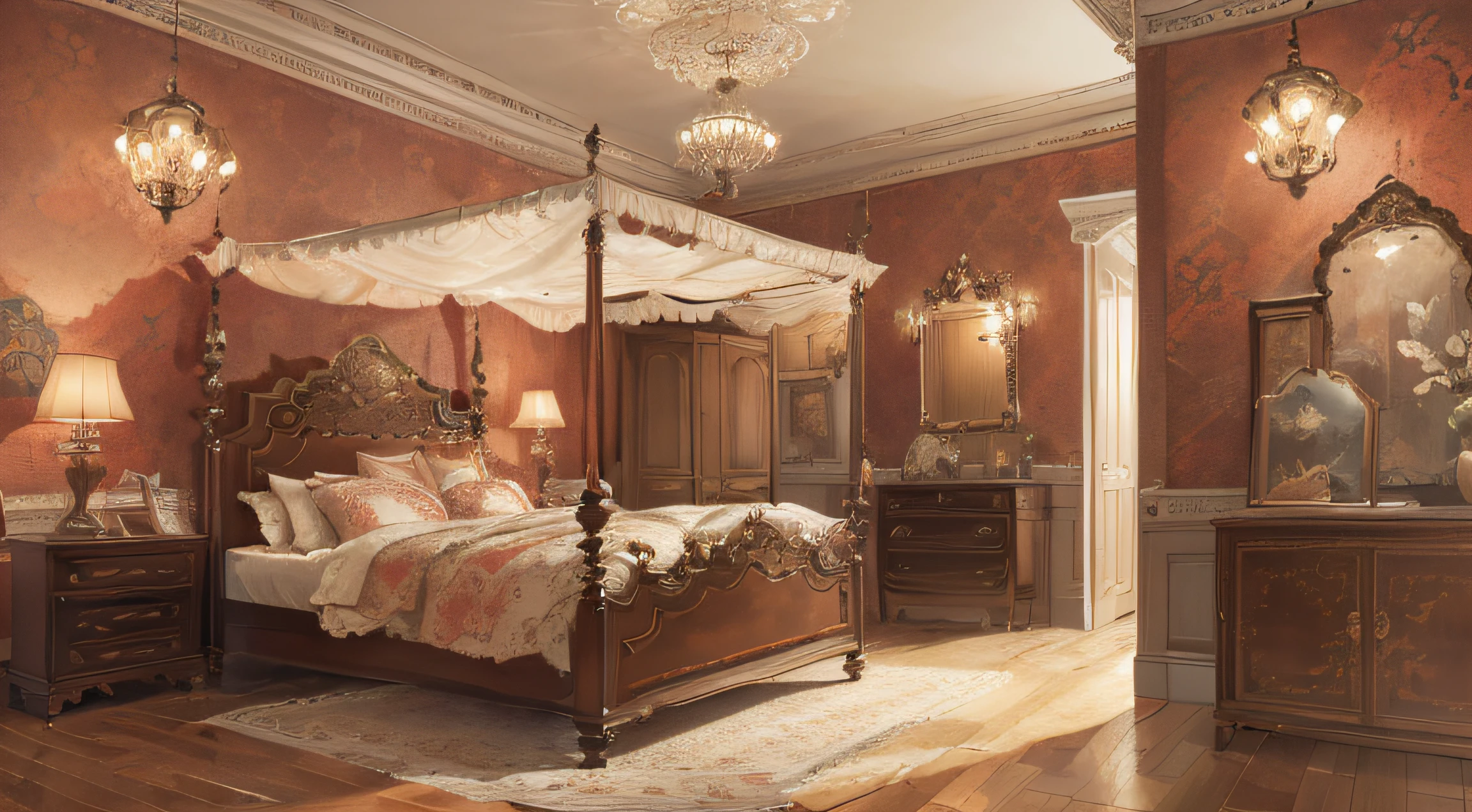 background, (antique interior design), Victorian home furnishings, depth, symmetrical design, eclectic and ornamental style, bed, bedroom, four-poster bed, bed, ((opulent furnishings, tapestries, patterned wallpaper, rich colors, flowers, sentimental pictures and drawings, Tiffany lamps, wall sconces, chandeliers, framed pictures, displayed china, souvenirs, vases, lace doilies), parquet patterned floors, exquisite home, rich details, quiet and elegant atmosphere, pale red tones as the keynote, exquisite and soft painting style, cinematic lighting effects, HD picture quality, soft light, Tyndall effect, dreamy, rich details, 32k, high quality, high resolution, (very detailed CG unity 8k wallpaper)