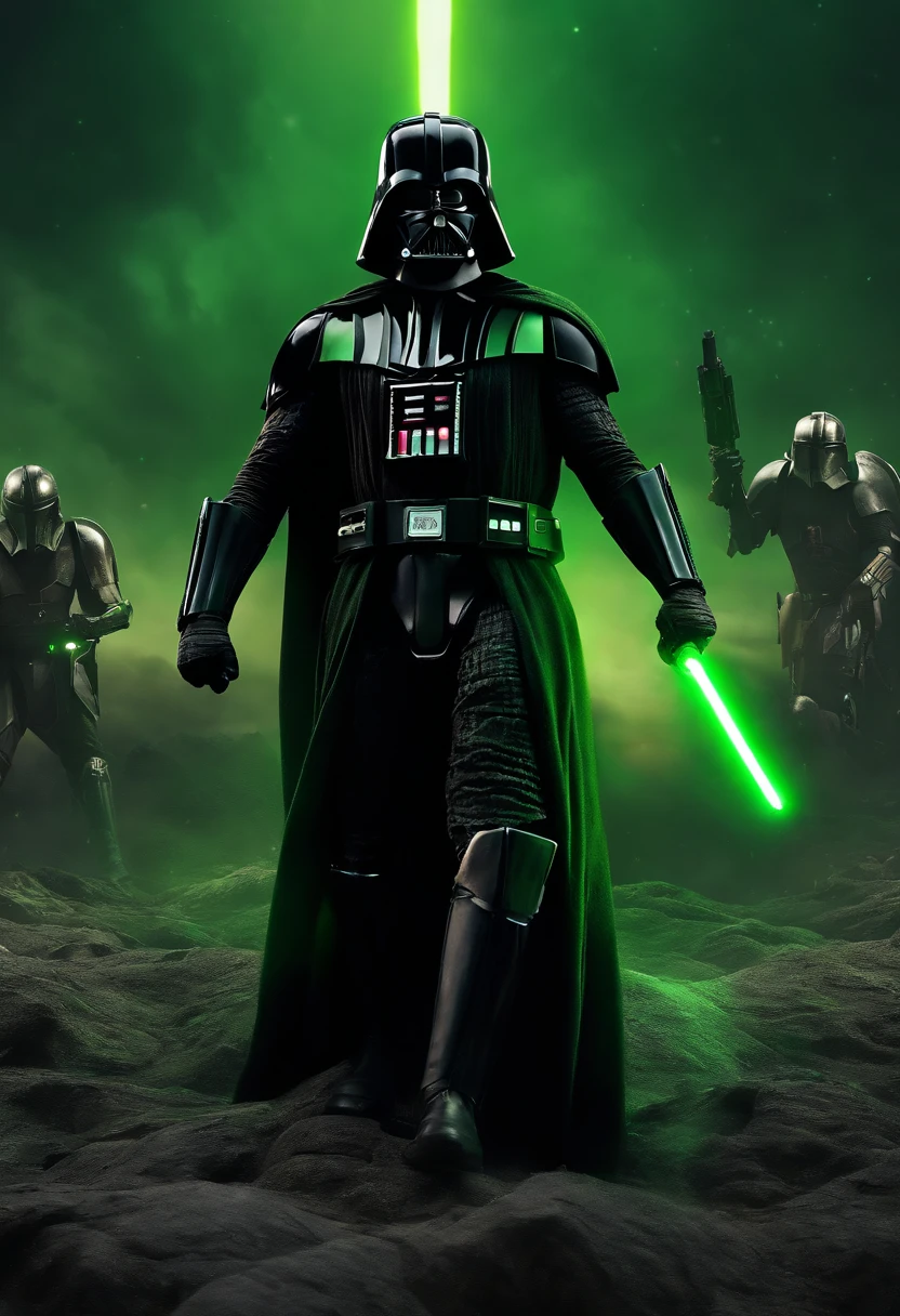 darth vader as a spartan warrior, jumping in the air, a neon green light sabers in hand, the sky is a pale hunter green, dying spartans on the ground , bloody armor, epic, 8k