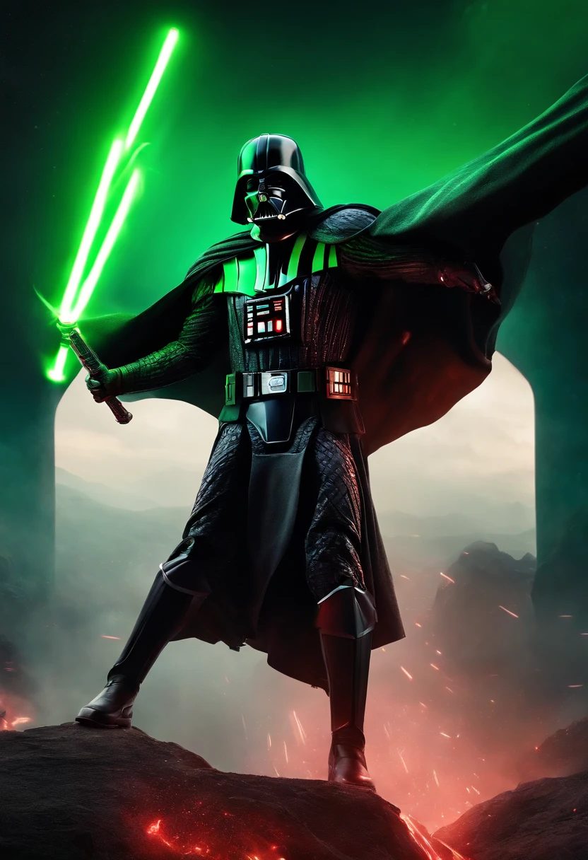 darth vader as a spartan warrior, jumping in the air, a neon green light sabers in hand, the sky is a pale hunter green, dying spartans on the ground , bloody armor, epic, 8k