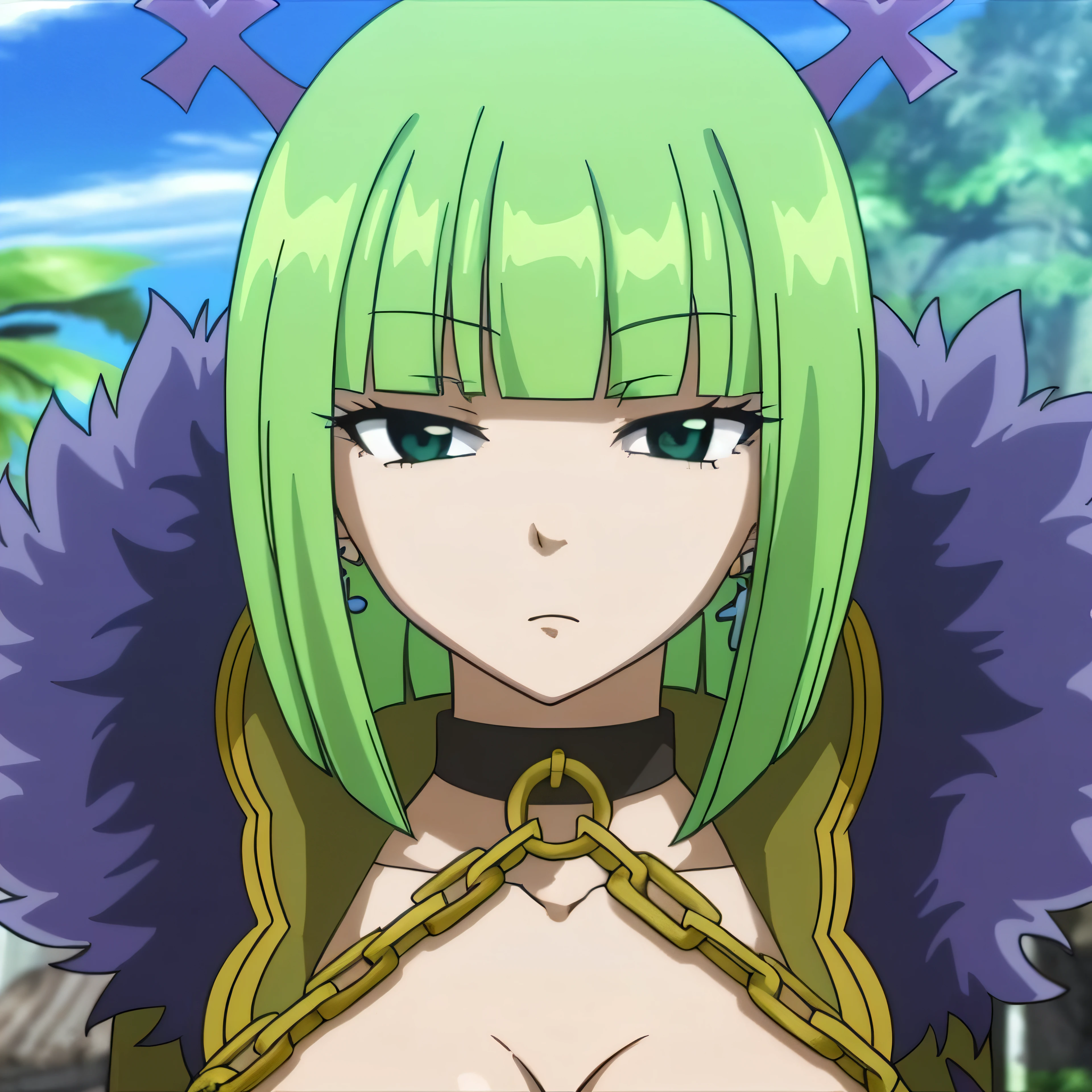 a woman with green hair and a green wig is standing in front of a tree, anime girl named lucy, the godess hera looking angry, scales covering her chest, rogue anime girl, nefarious smirk, anime monster girl, aqua from konosuba, scales on her chest, female anime character, wearing shiny breastplate, as an anime character