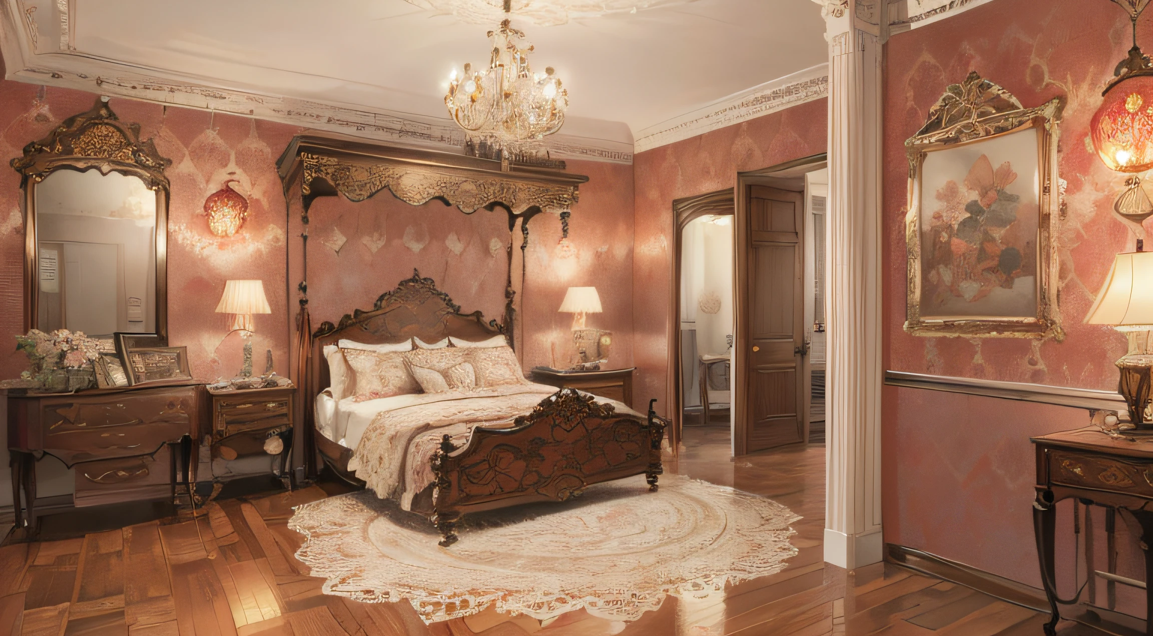 background, (antique interior design), Victorian home furnishings, depth, symmetrical design, eclectic and ornamental style, bed, bedroom, four-poster bed, bed, ((opulent furnishings, tapestries, patterned wallpaper, rich colors, flowers, sentimental pictures and drawings, Tiffany lamps, wall sconces, chandeliers, framed pictures, displayed china, souvenirs, vases, lace doilies), parquet patterned floors, exquisite home, rich details, quiet and elegant atmosphere, pale red tones as the keynote, exquisite and soft painting style, cinematic lighting effects, HD picture quality, soft light, Tyndall effect, dreamy, rich details, 32k, high quality, high resolution, (very detailed CG unity 8k wallpaper)