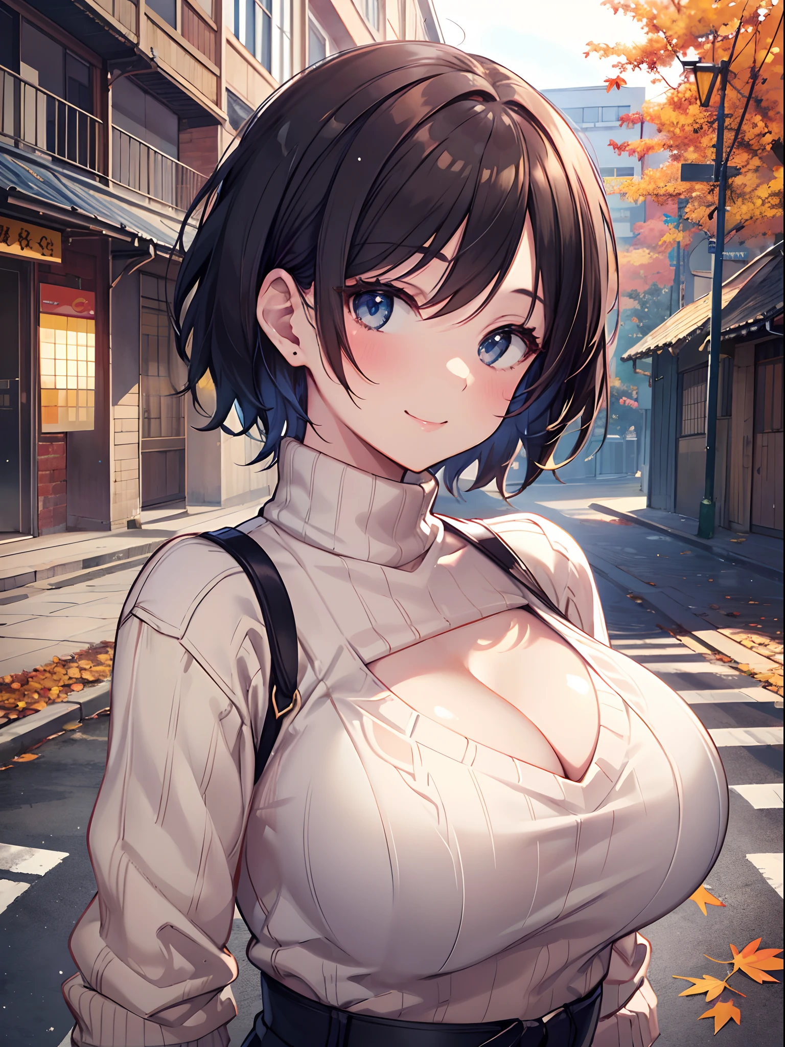 superfine illustration,(perfect anatomia), anime illustrated,masterpiece, top-quality, hight resolution,
1girl in, (Chiquita:1.2), sarashina_ruka, large boob, Short hair, Dark hair,
open chest sweater, cleavage,
Smile,
Autumn, plein air,
Looking at Viewer, Focus,