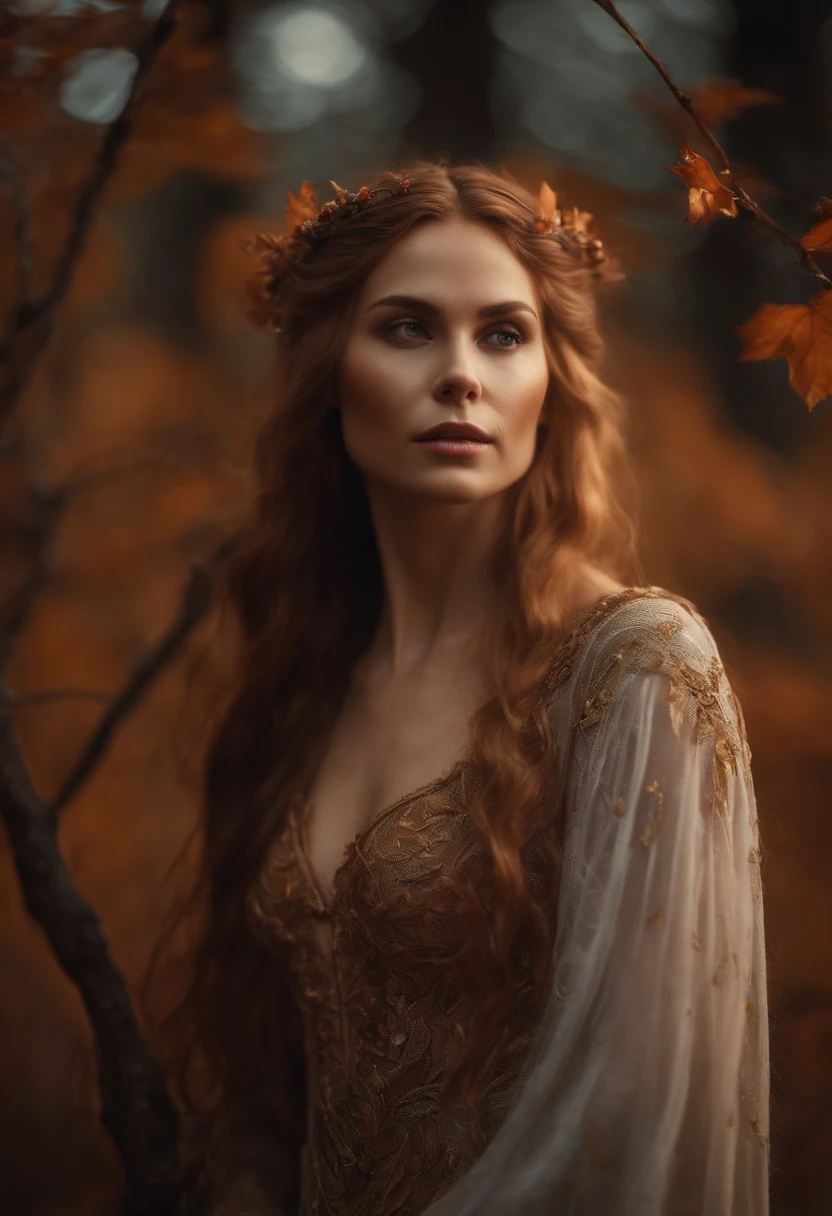 An incredibly detailed close-up portrait of a mystical woman with long flowing hair, olhar atencioso. She has elven ears, flawless skin and is wearing an intricate dress woven from autumn leaves and branches. soft lighting, Moody. intrincado, altamente detalhado, pintura digital.