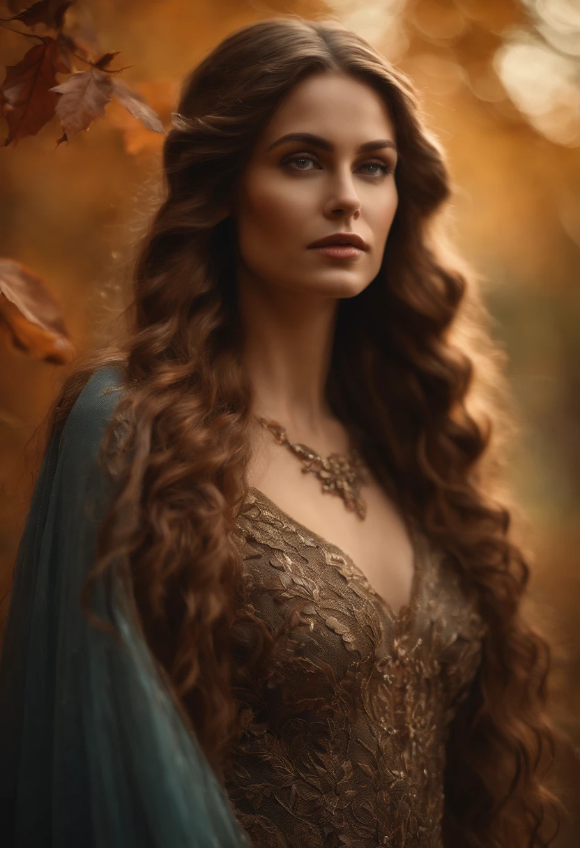 An incredibly detailed close-up portrait of a mystical woman with long flowing hair, olhar atencioso. She has elven ears, flawless skin and is wearing an intricate dress woven from autumn leaves and branches. soft lighting, Moody. intrincado, altamente detalhado, pintura digital.
