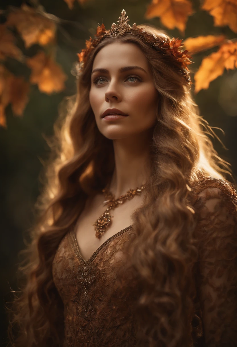 An incredibly detailed close-up portrait of a mystical woman with long flowing hair, olhar atencioso. She has elven ears, flawless skin and is wearing an intricate dress woven from autumn leaves and branches. soft lighting, Moody. intrincado, altamente detalhado, pintura digital.