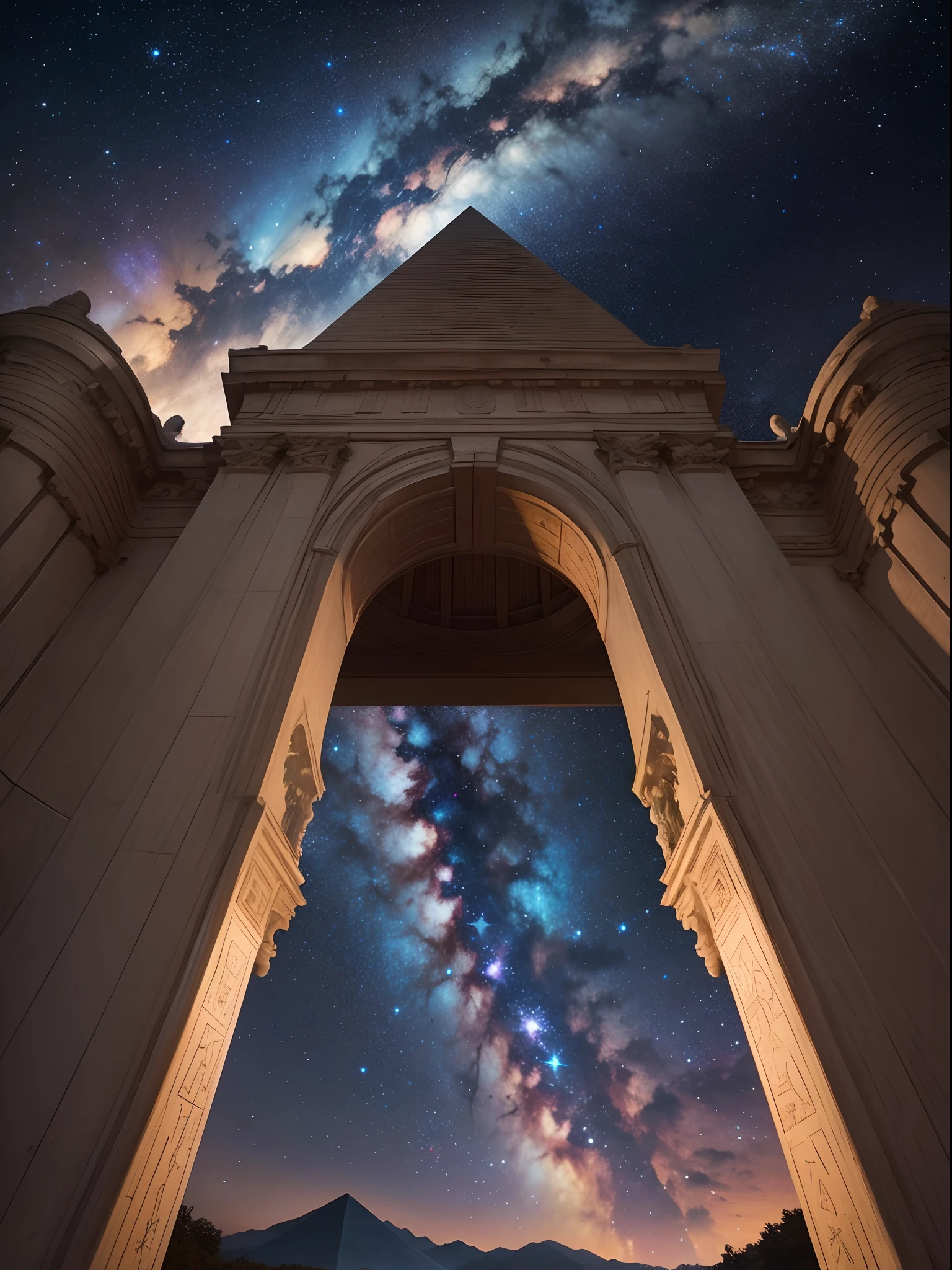 Master parts、Superior quality、Superior image quality、8K quality、Beautiful picture of the starry sky、magnifica、arching milkyway:1.9、pyramid，No Man