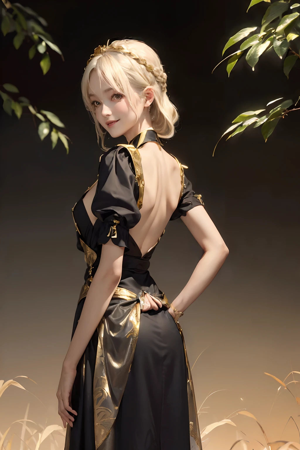 ((top-quality、8K、​masterpiece:1.3)), (Longhaire, Beautiful hairstyle, Platinum Blonde Hair:1.5)、(Cute pattern of gold leaf,  Delicate workmanship, Black Fabric:1.4, maid dress:1.5), (gothic styles), Clear, Fine-grained skin、Beautiful clear eyes、cleavage of the breast、Carefree and natural smile、(Hair disheveled in the wind:1.3)、Beautiful girl with a smile、(thin-waist:1.3)、(Dynamic and provocative poses:1.2)、(Backshots)