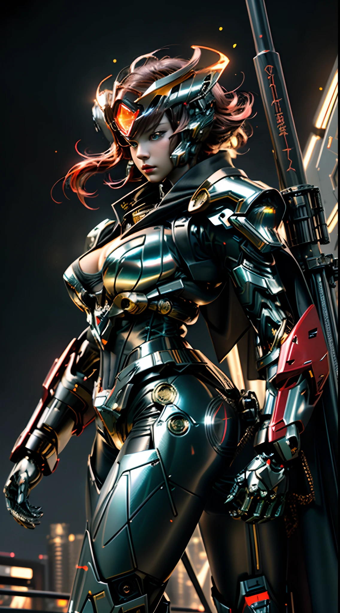 (Realistic: 1.2), masutepiece, Best Quality, ultra-detailliert, very detailed illustration, Very detailed, intricate detailes, High resolution, Super Intricate Details,Thick details,super detailing,8K,32K,(neons: 1.2),1girl in, (Full metal body,Fiber optic body: 1.2), (Realistic metallic glow), cowboy lens, Caustics, Reflectors, Ray tracing, Metal Heroine Theme, Silver and red body,Metallic Red Body,nebulas, Dark halo, Network Effects, (1girl in: 1.4), Solo, Mechawood Sumui, Mechanical parts, Single robot arm, Head dress, Mechanical halo, Star Halo, Complex mechanical tights, mecha corset, fully armoured, ((Holding a large gun in your hand)),Red Eyes, Glowing eyes, Eye Track, Random expressions, Random movement,Random posture,Futuristic skyscrapers, Ponds, Starry sky, sky line, (( Colossal tits:1.7 ,Colossal tits:1.7,Accentuated cleavage,perfectly proportions,Sensual body lines,Sexy proportions,Overhanging udder)),dynamicposes,dynamic ungle,城市,nighttime scene,natta,glowing sword in hand、With a big gun,cloak flittering in the wind