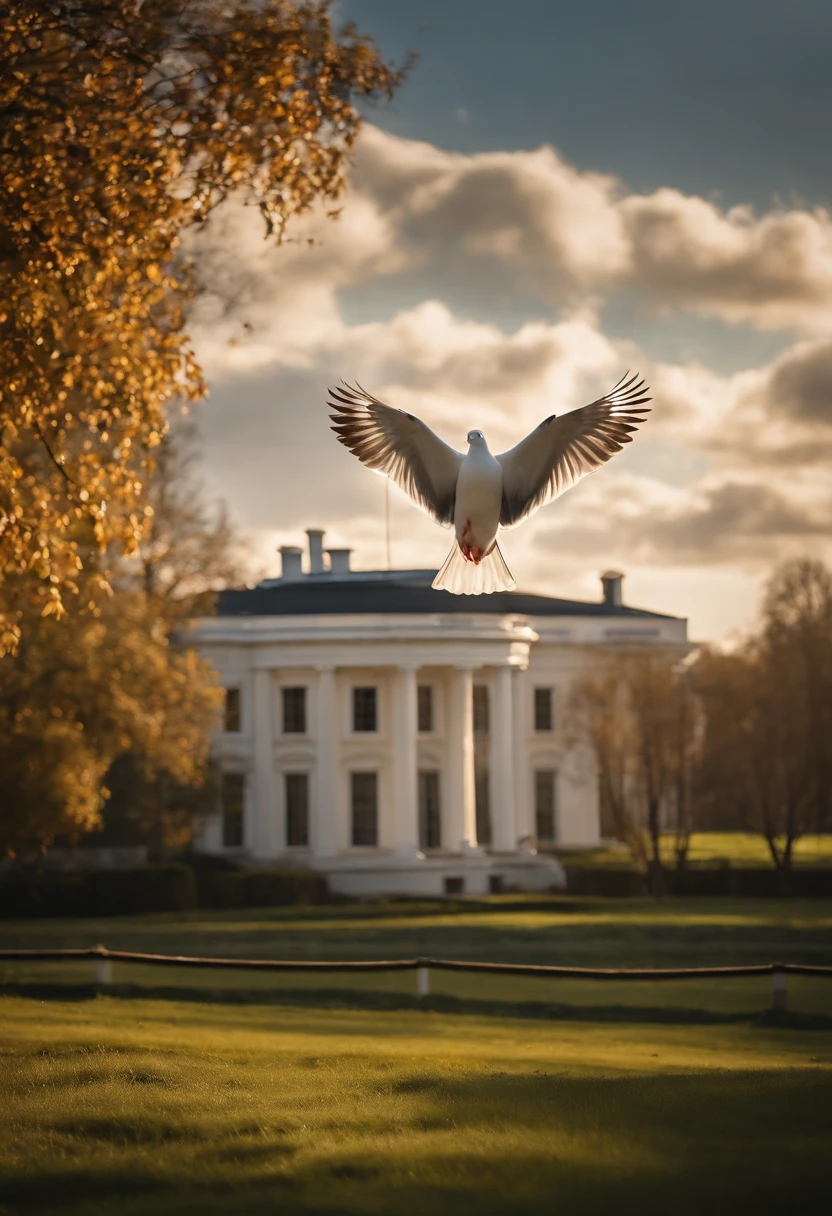 Kindly, Create an image of a White House pigeon gently floating in the air, as though she is dancing. I wanted the image to convey a sense of hope and serenity. A domestic pigeon should look light and elegant, Wide white wings,Move smoothly. The surrounding scenery should be peaceful, There are clear blue skies and some fluffy clouds. Sunlight should illuminate the scene, Create a warm and comfortable environment. Kindly, Make sure the images convey a sense of optimism and a promise for a better future. ultra-realistic realism, 8K, Fotorrealista