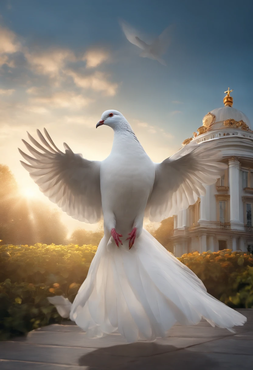 Kindly, Create an image of a White House pigeon gently floating in the air, as though she is dancing. I wanted the image to convey a sense of hope and serenity. A domestic pigeon should look light and elegant, Wide white wings,Move smoothly. The surrounding scenery should be peaceful, There are clear blue skies and some fluffy clouds. Sunlight should illuminate the scene, Create a warm and comfortable environment. Kindly, Make sure the images convey a sense of optimism and a promise for a better future. ultra-realistic realism, 8K, Fotorrealista