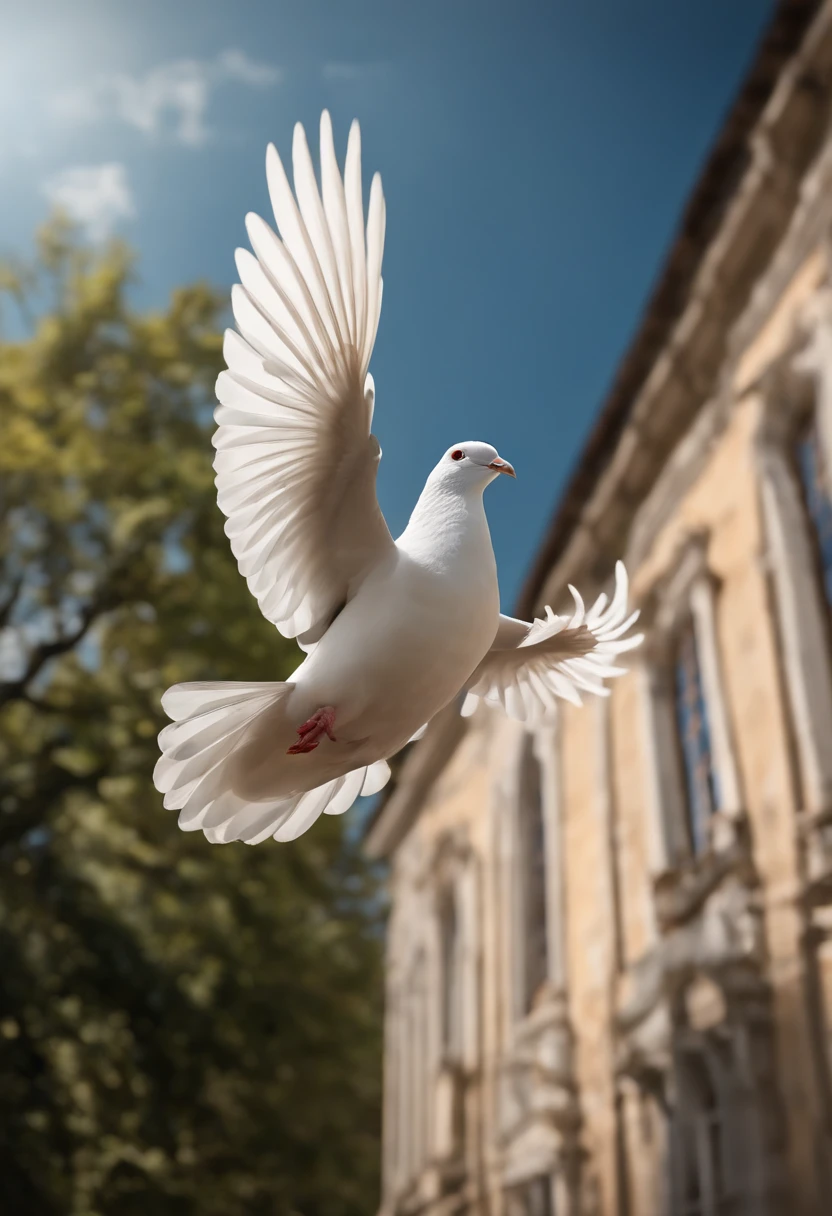 Kindly, Create an image of a White House pigeon gently floating in the air, as though she is dancing. I wanted the image to convey a sense of hope and serenity. A domestic pigeon should look light and elegant, Wide white wings，Move smoothly. The surrounding scenery should be peaceful, There are clear blue skies and some fluffy clouds. Sunlight should illuminate the scene, Create a warm and comfortable environment. Kindly, Make sure the images convey a sense of optimism and a promise for a better future. ultra-realistic realism, 8K, Fotorrealista