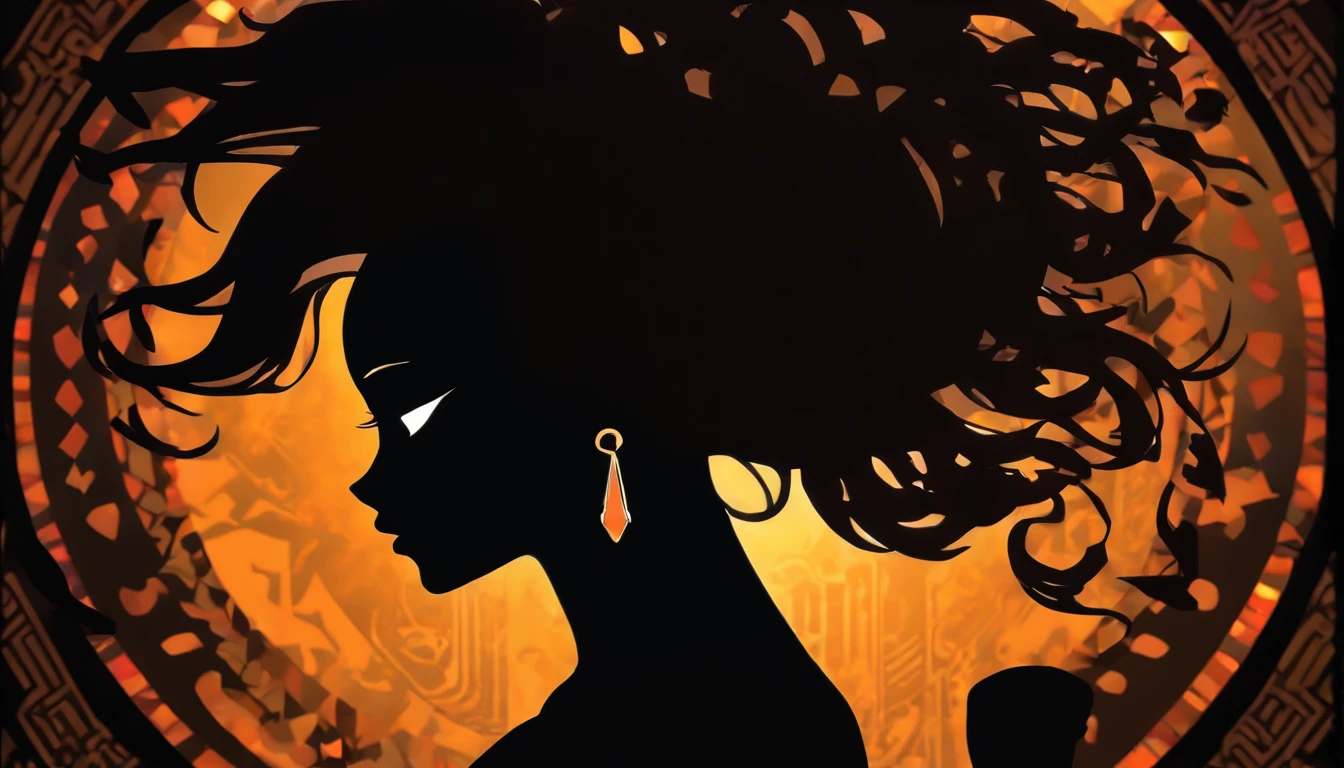 (Silhouette Art,cutouts:1.6)
(((Paper cutting art,A world where only black exists:1.3)
(Cowboy Shot),1 girl,Solo,
(African Girl,profile:1.2),white, Clear and beautiful face, African girl, Egyptian, kente design, Ghana, beautiful intricate design
BREAK
(The World of Silver)
Textured glass background,