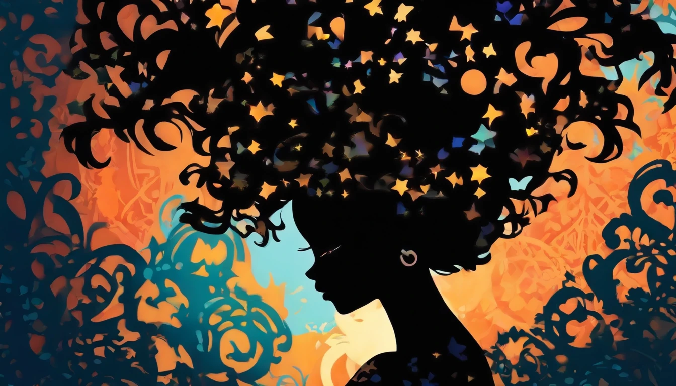 (Silhouette Art,cutouts:1.6)
(((Paper cutting art,A world where only black exists:1.3)
(Cowboy Shot),1 girl,Solo,
(African Girl,profile:1.2),white, Clear and beautiful face, African girl, Egyptian, kente design, Ghana, beautiful intricate design
BREAK
(The World of Silver)
Textured glass background,