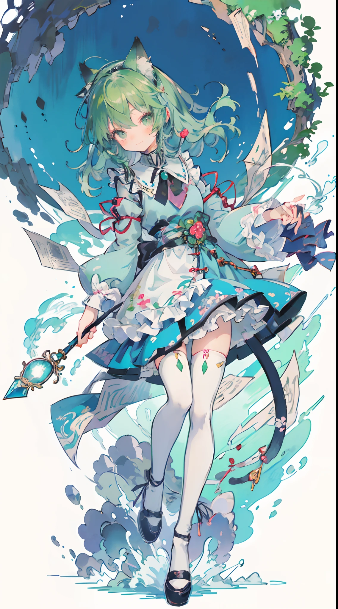 ((masutepiece, Best Quality: 1.1), ((Anime girl in blue dress with magic wand)), Art Nouveau、anime cat girl in a maid costume, Lori, ((Green hairs))、The long-haired、Shining jewel-like eyes Long eyelashes Transparency、Very Beautiful Anime Cat Girl, anime catgirl, ((white knee highs)), attractive cat girl, inspired by Leiko Ikemura, aya takano color style, in ryuuou no oshigoto art style, Cat Girl, touhou character, Rei Hiroe、With a smile