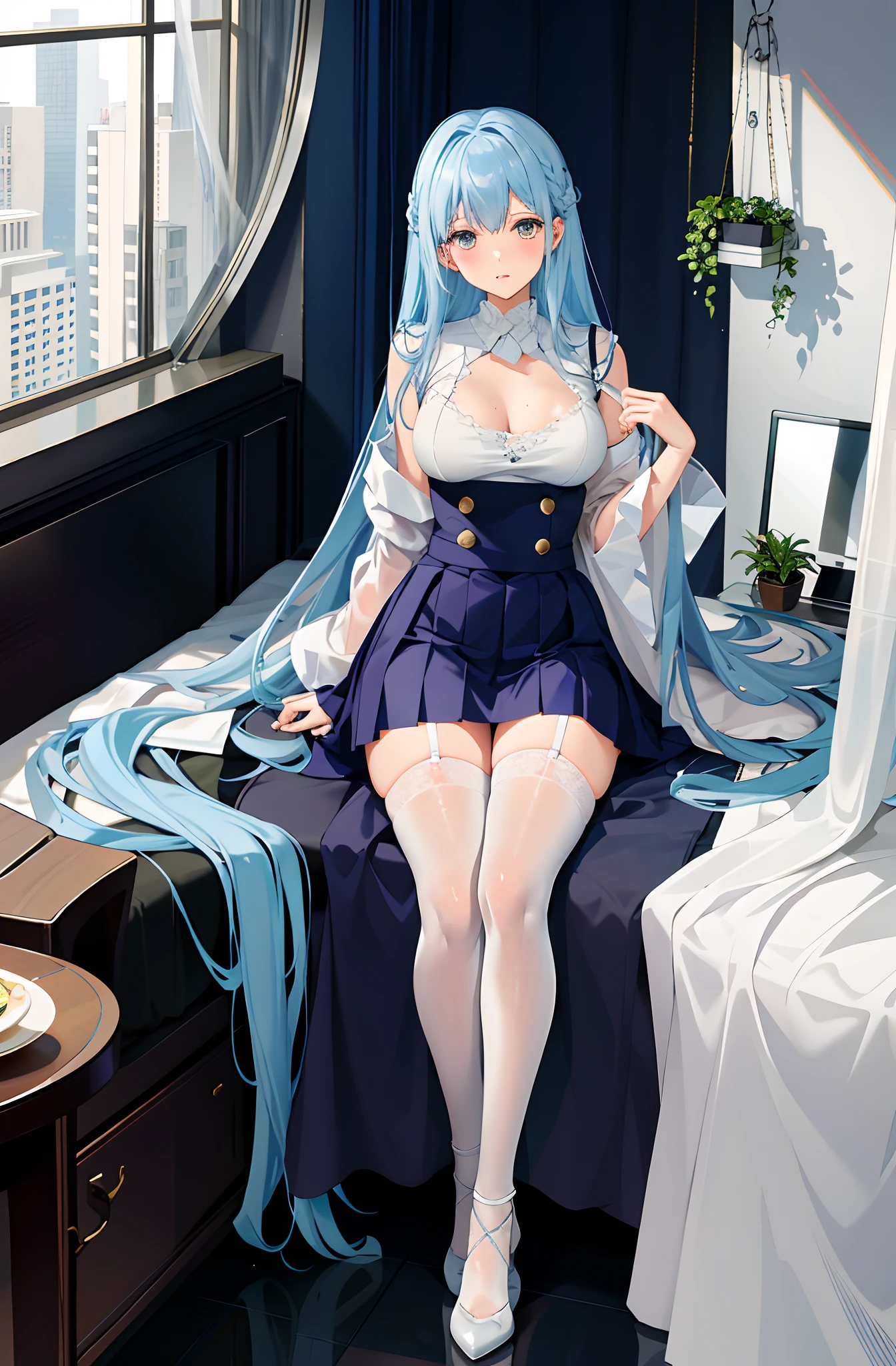 8K，ultraclear，JK，校服，Very short pleated skirt，Japanese manga style，Pure white lace translucent dress，Moist clothes，Stockings reflective，Hair without ribbons，Light blue feet naked lace-up heels，Underwear moist strengthened，Stockings reflect reinforcement，Lewd expression，Show off lace panties，long whitr hair，The mouth is slightly open，Gloss on lips，Shorter skirts，Skin sweat，Blue hair，Stockings strangle fleshy，Thighs are plump，Bigchest、The skirt lifted，Thigh lace，largeeyes，Tears，The kinky is exposed，Leakage，Pubic hair shows through，clothes see-through，soaking wet，pearls necklace，Lace pleated skirt，The skirt is soaked，White lace panties are exposed