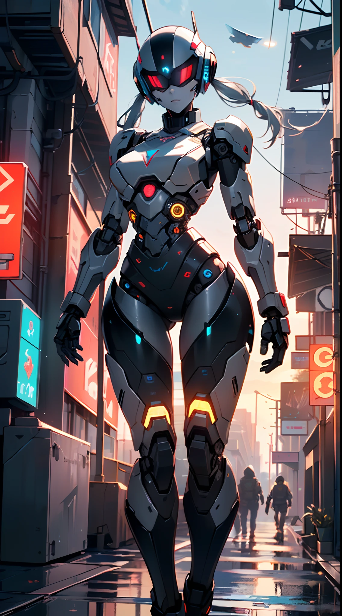 (((girl robot))),assaultron, itrobo2022, 1girl,robot,humanoid robot,robot joints,joints,black robot helmet,black armor,head-mounted display,humanoid robot,white robot joints,one-eyed,white joints,no humans,((black armor)),wide hips,curvy,mechanical arms,crotch plate,science fiction,post-apocalypse,outside,large breasts:1.4,(very long legs:1.4),
reelmech,cyborg girl,(cyborg girl:1.5),android,((mechanical robot girl)),
(((doll))),((((black skin,doll joints:1.5,mechanical hands:1.5,black armored dress,tesla coils,mechanical doll:1.5,Body of a machine,black metallic skin,ball joint,cyborg:1.5,robotic parts,robot)))),(Mechanical joints: 1.4,Mechanical limbs),mecha armor suit, full face armor, full body armor,
lot of rgb,(spider lower abdomen),
(nsfw),
motorcycle black helmet,(wearing head-mounted display that is chunky and hi-tech with neon lights:1.2),corporate logos,complete black helmet,no face,black body,black skin,black robotic body,((((technological face mask,Cybernetic_Jawless, black mask)))),
(dynamic pose:1.0),solo focus,embarrassed,(centered,scale to fit dimensions,Rule of thirds),
cyberpunk city by the ocean at night, with bright neon signs and dark stormy clouds and puddles, scenery:1.25,
highres, sharp focus, (ultra detailed, extremely detailed), (photorealistic artwork:1.37),(extremely detailed CG unity 8k wallpaper),((synthwave background theme)),(((vibrant colors))),(intricate background),(masterpiece),(best quality),