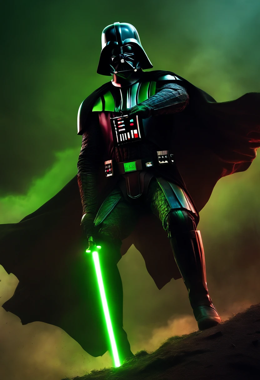 darth vader as a spartan warrior, jumping in the air, a neon green light sabers in hand, the sky is a pale hunter green, dying spartans on the ground , bloody armor, epic, 8k