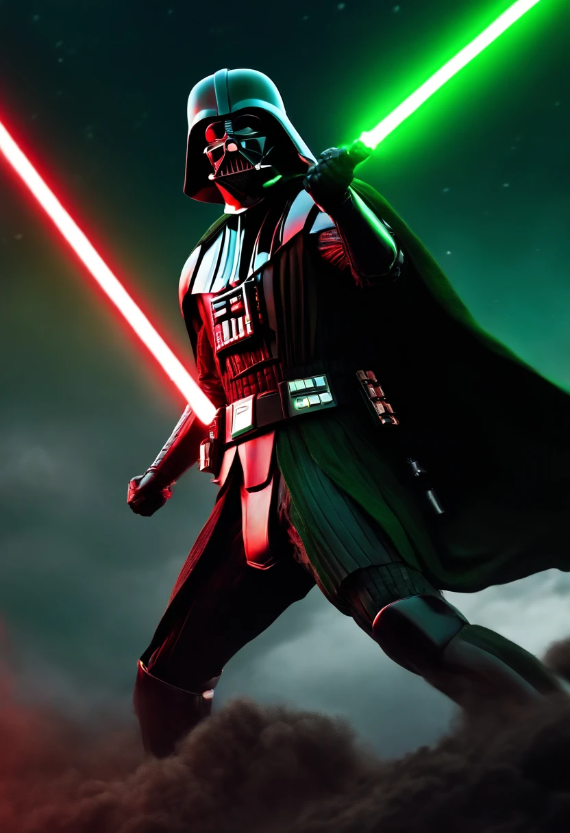 darth vader as a spartan warrior, jumping in the air, a neon green light sabers in hand, the sky is a pale hunter green, dying spartans on the ground , bloody armor, epic, 8k
