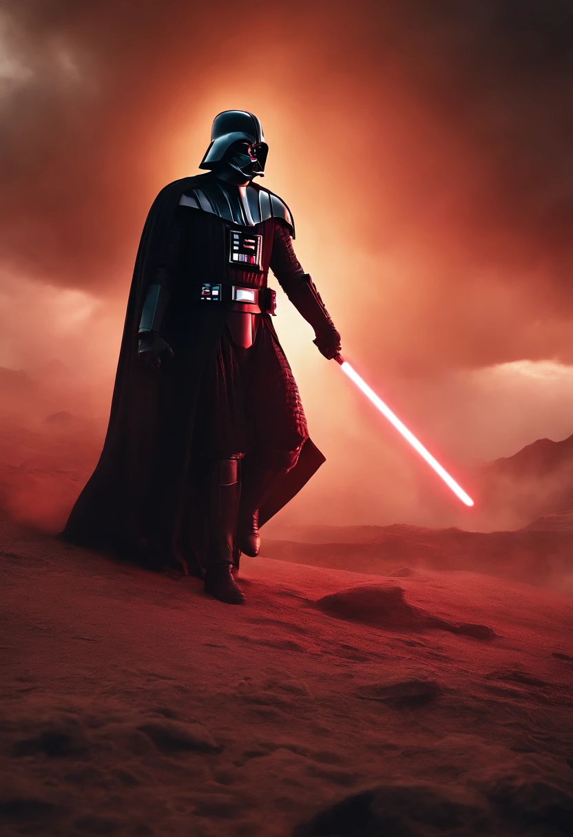 darth vader as a spartan warrior, jumping in the air, a neon green light sabers in hand, the sky is a pale hunter green, dying spartans on the ground , bloody armor, epic, 8k