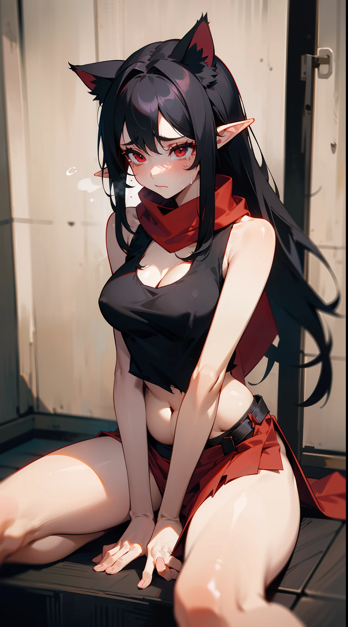 1girl ,20s,show belly,black sleeveless and shoulderless t-shirt,cleavage,slave's torn red skirt,red scarf,bare foots,,medium tits,black hair,long hair,red eyes,elves ears,Cat ears,scared expression,crying, sitting on the floor in a dark and dirty prison saddle