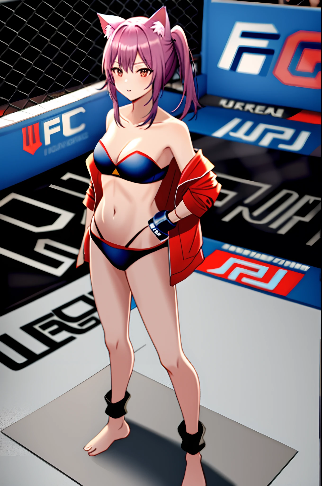 ((cat girl)), ((full body)), ((Standing pose)), (((very baggy and long leg warmers))), ((strapless bikini top)), ((thong)), ((open jacket)), ((UFC gloves)), ((fully detailed))