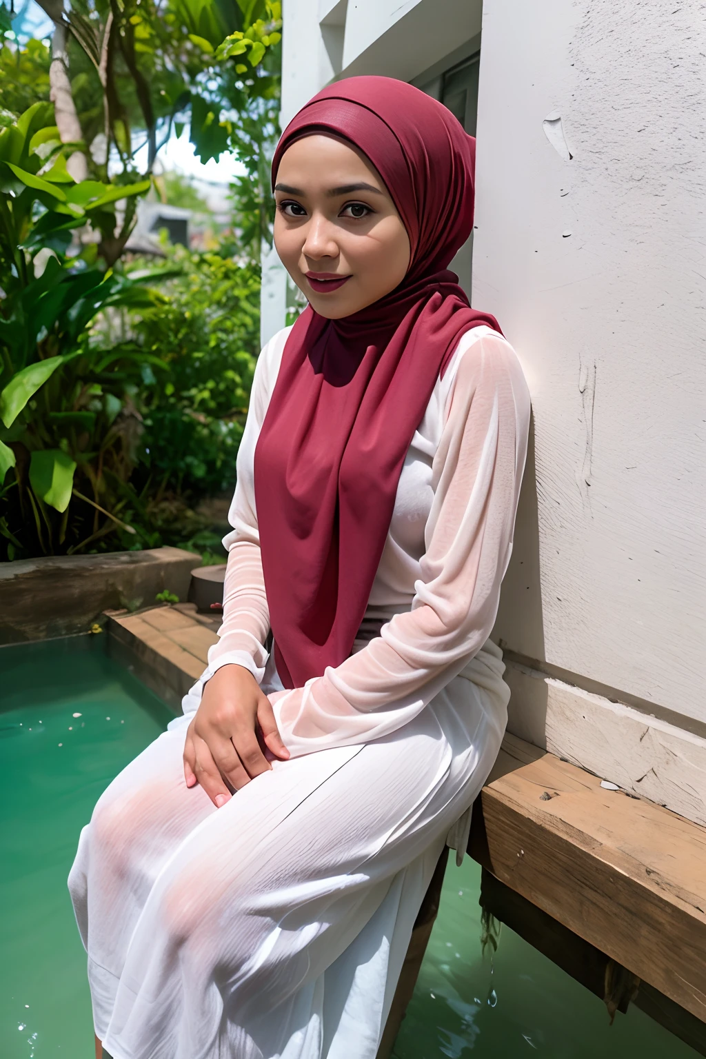 close-up portrait of a beautiful woman wear full hijab, bathing in a river, wearing red net dress, (backlight), realistic, masterpiece, high quality, lens reflection, shadow, flower, [[chromatic aberration]]