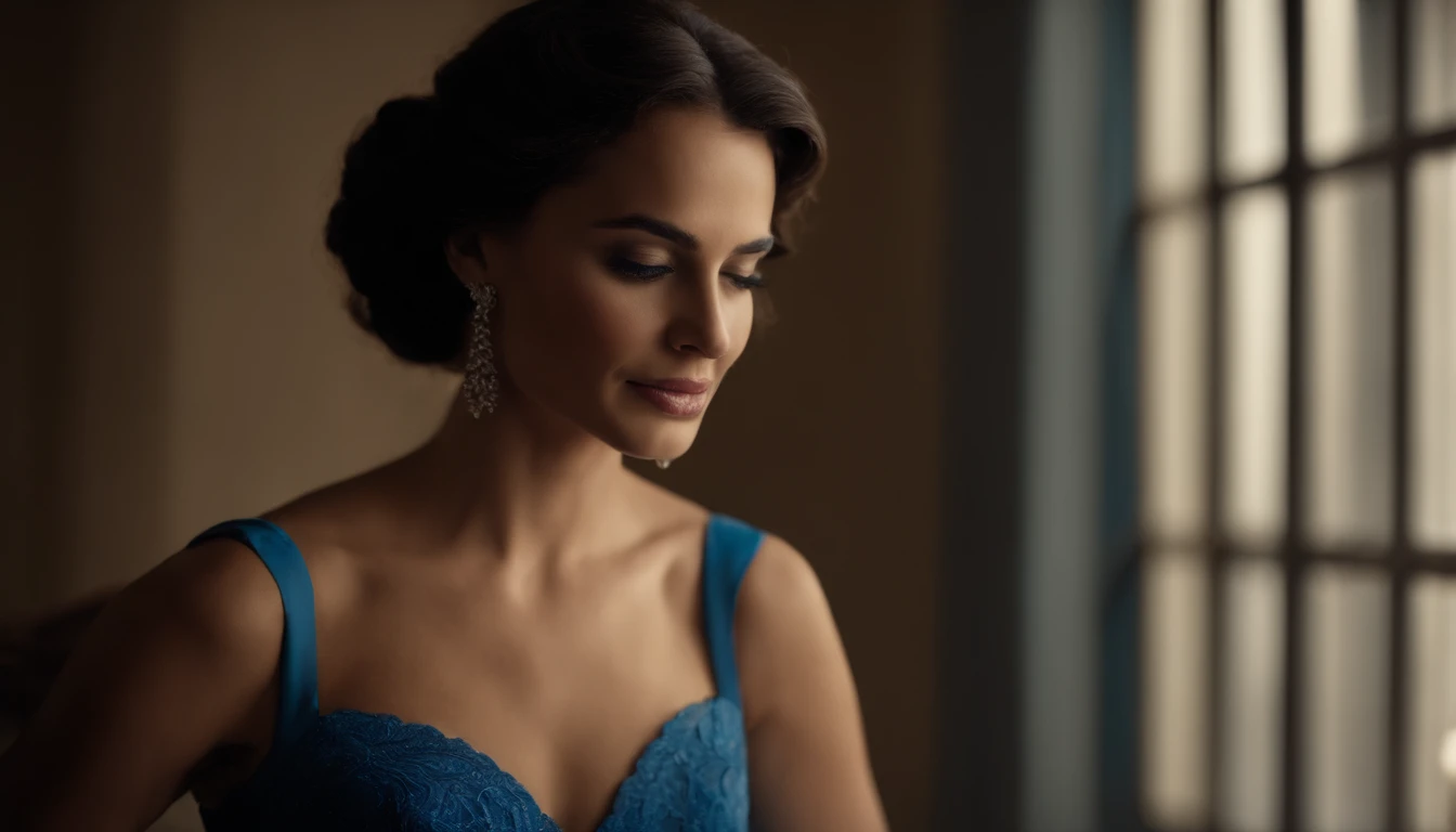 Uma mulher loira de cabelo encaracolado, olhos castanhos, corpo esbelto, alta e elegante, is wearing a beautiful blue dress, conveying a sophisticated and graceful appearance.