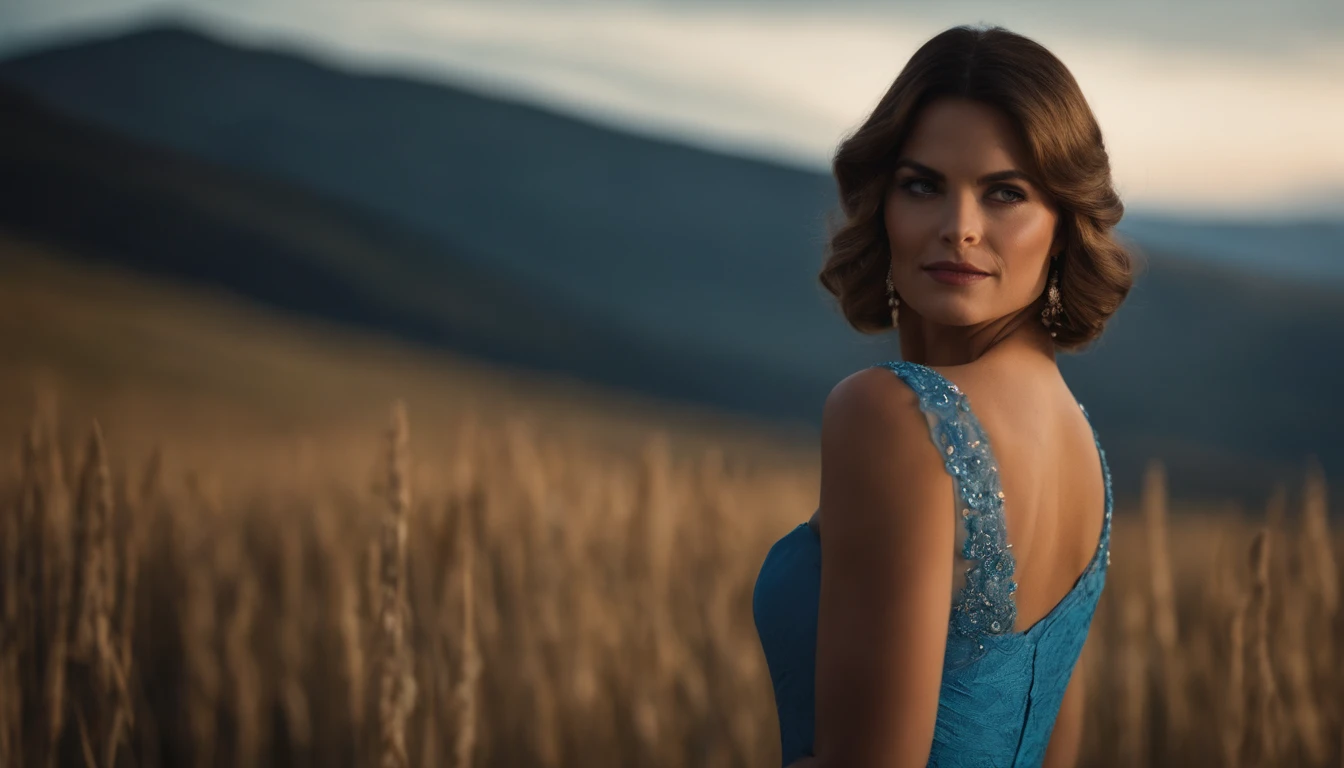 Uma mulher loira de cabelo encaracolado, olhos castanhos, corpo esbelto, alta e elegante, is wearing a beautiful blue dress, conveying a sophisticated and graceful appearance.