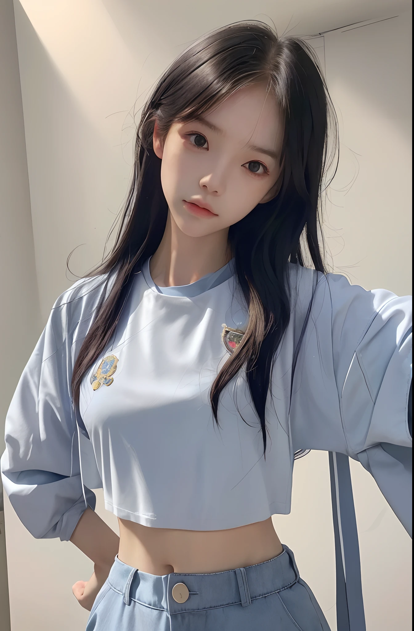 (Need,tmasterpiece),(详细的脸,realisticlying,the detail),1girll,The upper part of the body,simplebackground,looking at viewert,Focus on the face,The color hair,校服,Crop tops