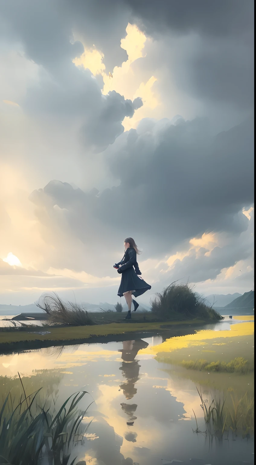 On a grey rainy day a beautiful young lady (((walking into a lake away from camera))), extreme long shot, full body shot, very large lake, walking in shallow shoreline, 24k resolution, impressionism art style, photorealistic, hyperdetailed, stormy clouds, up to her knees in water, no dock, walking away from camera.