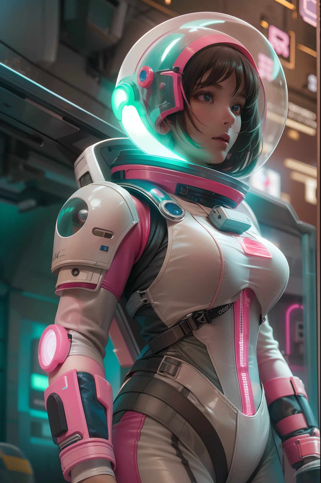 "(Highest image quality), (Incredibly detailed), (photo-realistic:1.1) 1girll, Depicting a female space Marine cadet, Skinny thin and transparent spacesuit, Breasts, White and pink spacesuit, Glowing pink neon signs, Erotic, Seductive, Stylish futuristic helmet, Beautiful face, space, Universe, Strange planet."